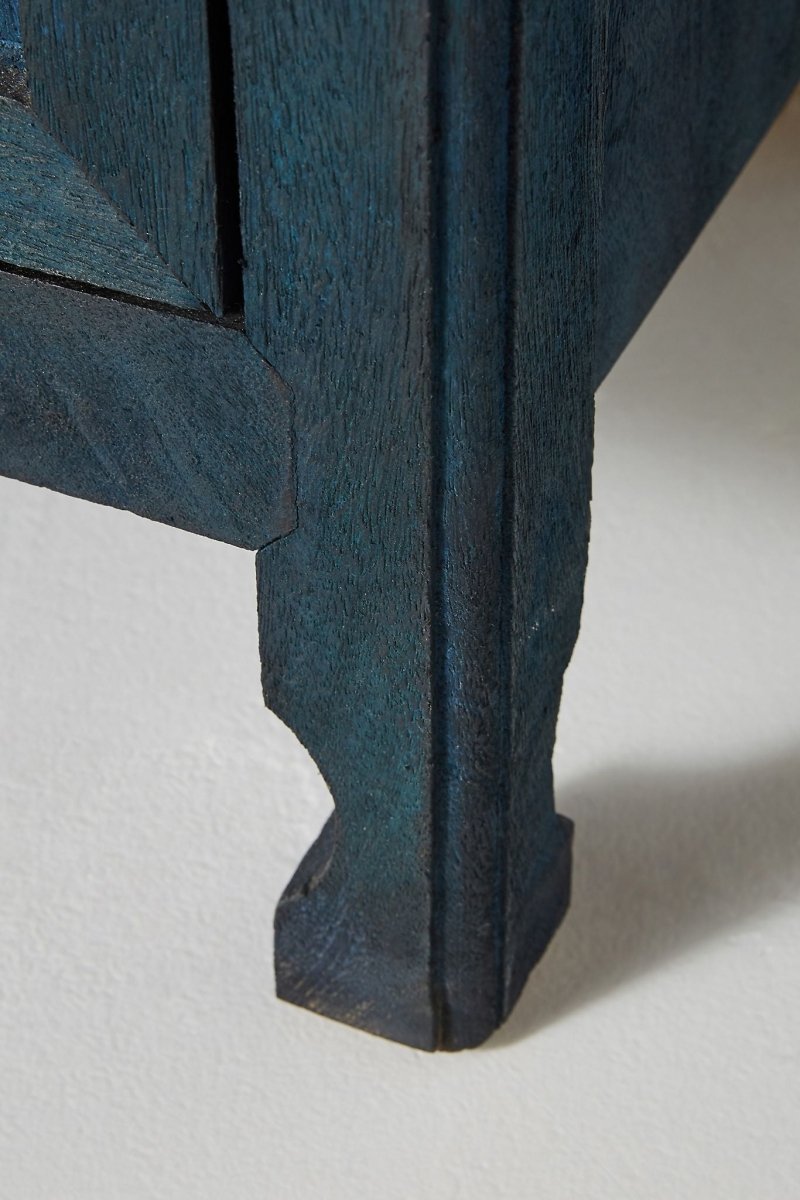 Hand Carved Lombok Entryway Cabinet in Indigo Blue - Solid Wood Storage Unit with 3 Shelves for Hallway, Living Room & Bedroom Organization