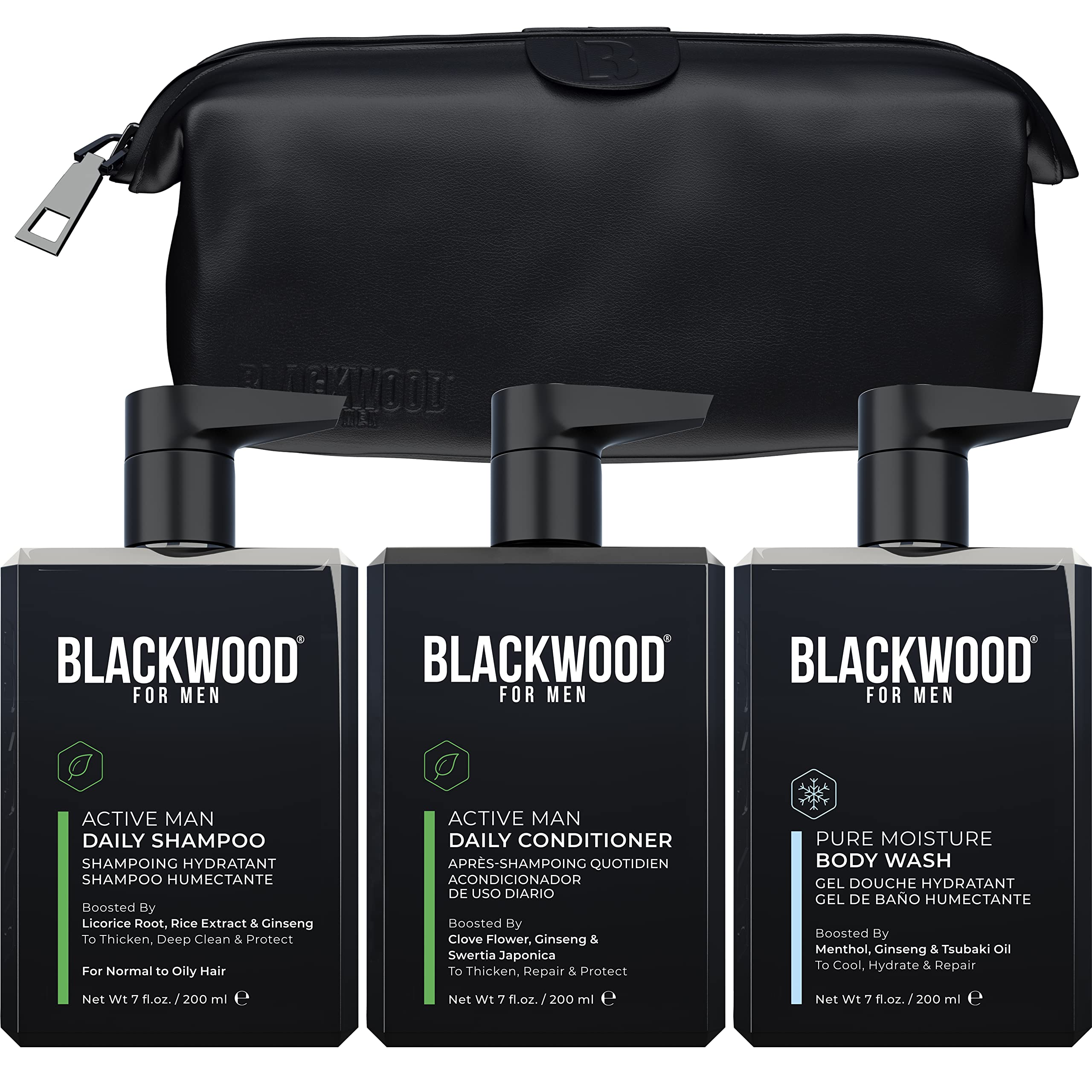 Premium BLACKWOOD FOR MEN Grooming Kit - Dapper Dad Set with Travel Bag, Shampoo, Conditioner & Body Wash | Natural Vegan Formula for Active Men | Perfect for Travel, Gifts & Daily Skincare Routine