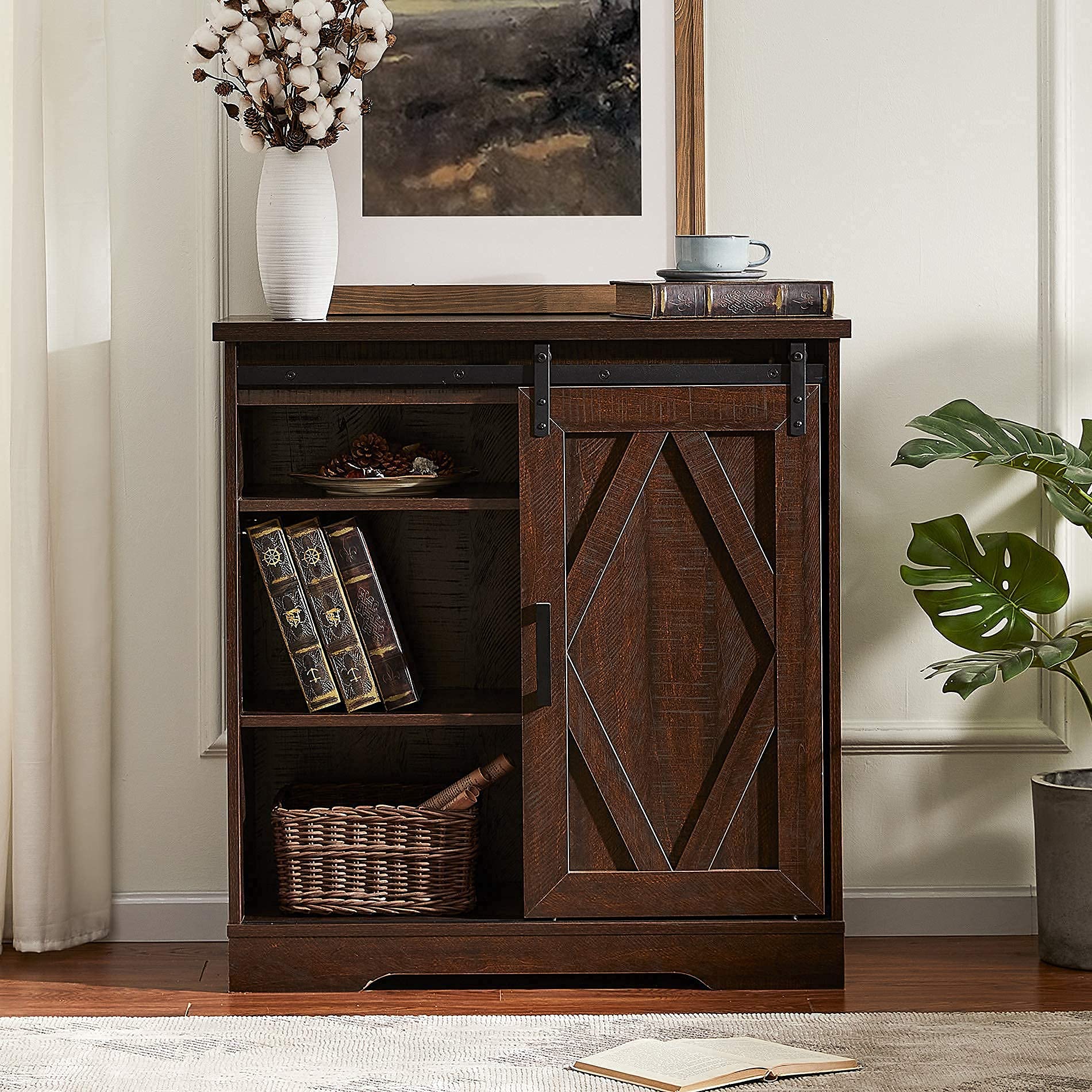 Rustic Farmhouse Wood Accent Chest Cabinet with Sliding Barn Door - 35