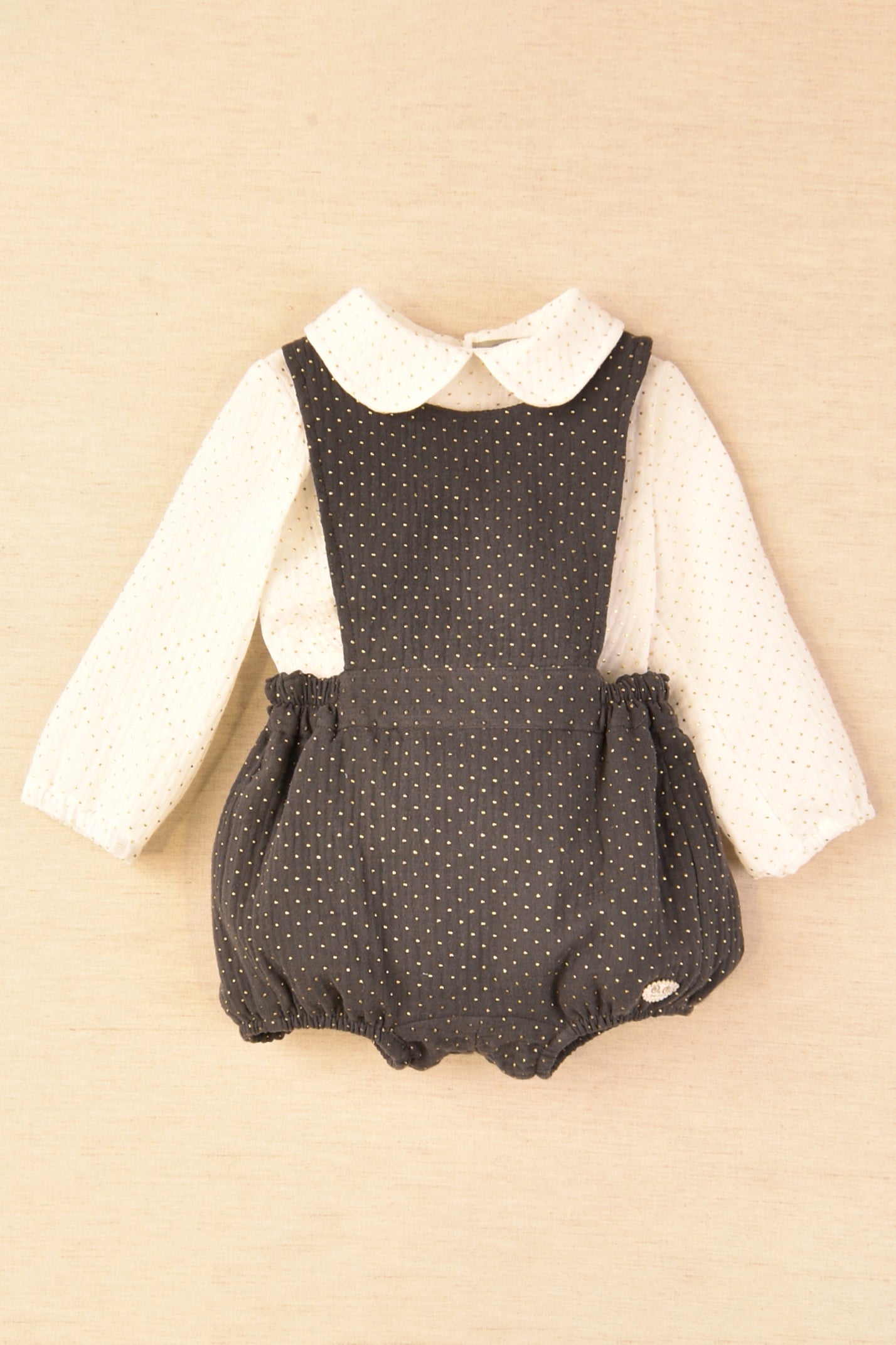 Sebastian Charcoal & Gold Polka Dot Baby Romper Set - Soft Cotton Jumpsuit for Newborns & Infants | Perfect for Photo Shoots, Birthday Parties & Family Outings