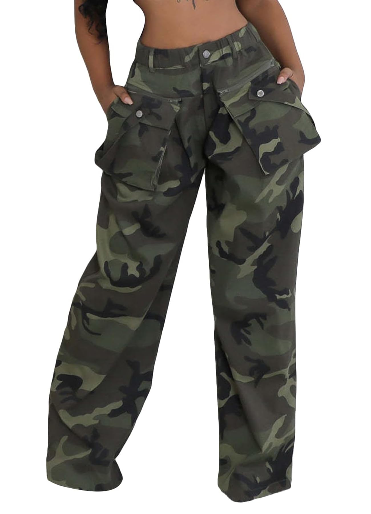 Women's Camo Cargo Pants - High Waist Army Fatigue Joggers, Casual Baggy Wide Leg Camouflage Sweatpants for Women | Outdoor Hiking, Streetwear Fashion, Workout & Lounge Wear