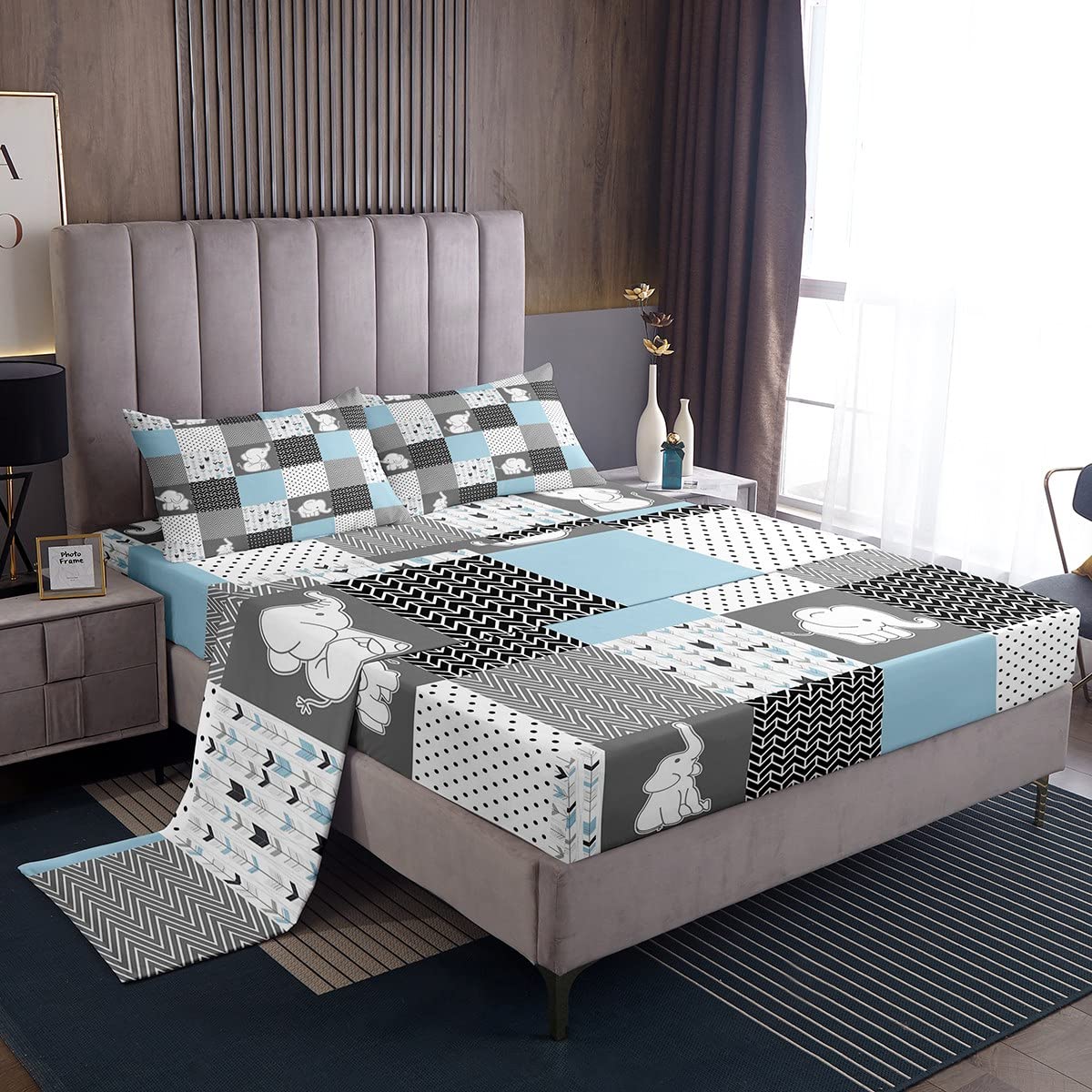 Cute Elephant Bed Sheets for Kids - 3 Piece Kawaii Animal Sheet Set with Wavy Stripes, Deep Pocket Fitted Sheet & Blue Grid Flat Sheet + Pillow Sham - Twin Size - Perfect for Boys' Bedrooms, Nursery Decor & Themed Kids' Rooms
