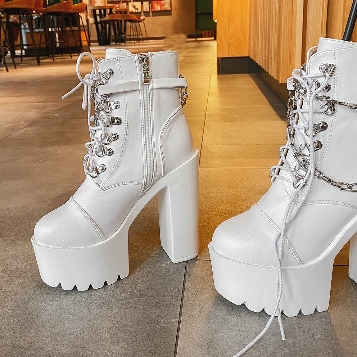 Trendenzy Women's Chunky Combat Boots - Lace Up Gothic High Heel Platform Booties with Chain Details | Perfect for Punk Fashion, Street Style & Night Out Outfits