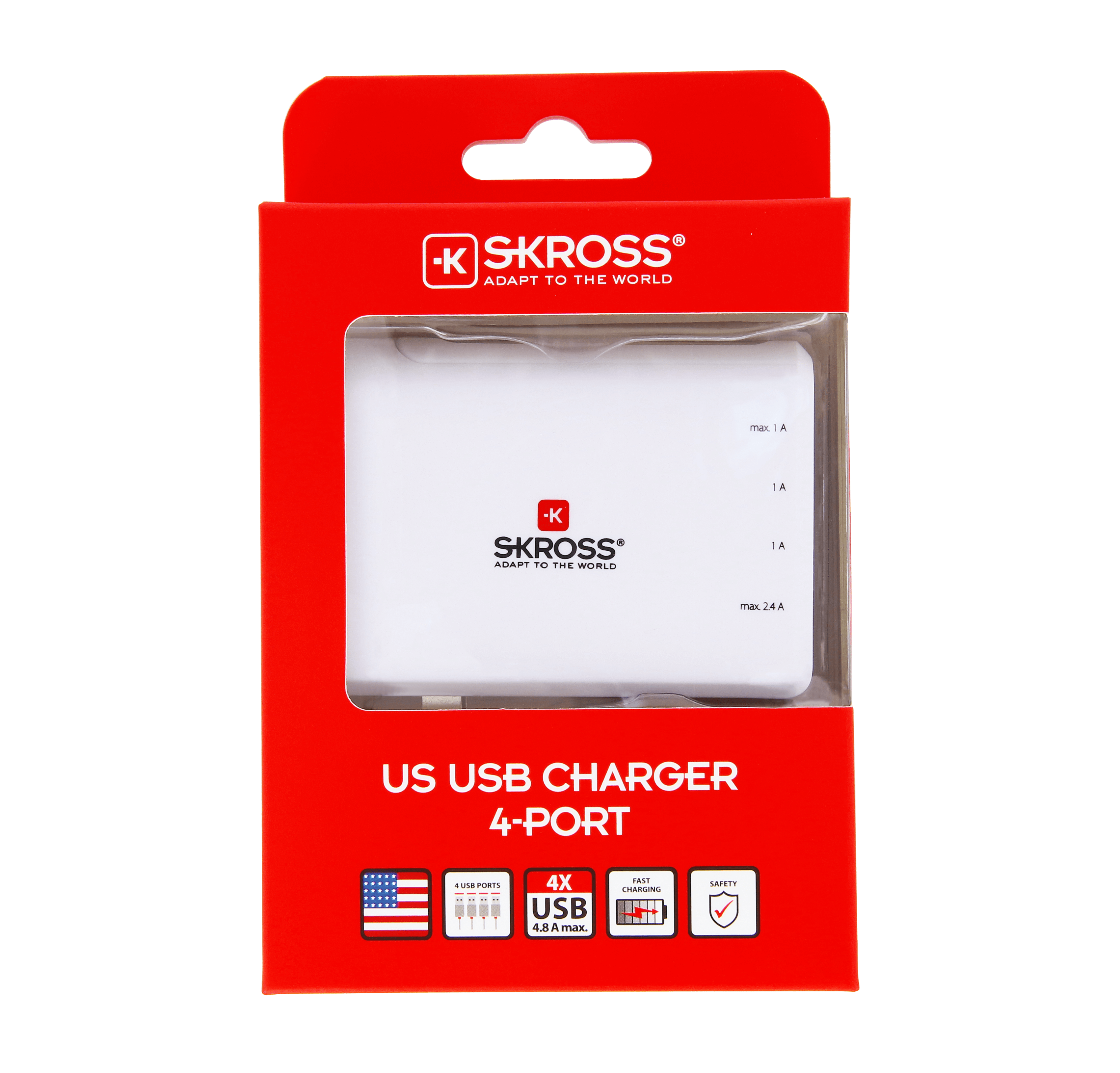 SKROSS 4-Port USB Wall Charger for iPhone, Android & More - Fast Charging Power Adapter for Home, Office & Travel