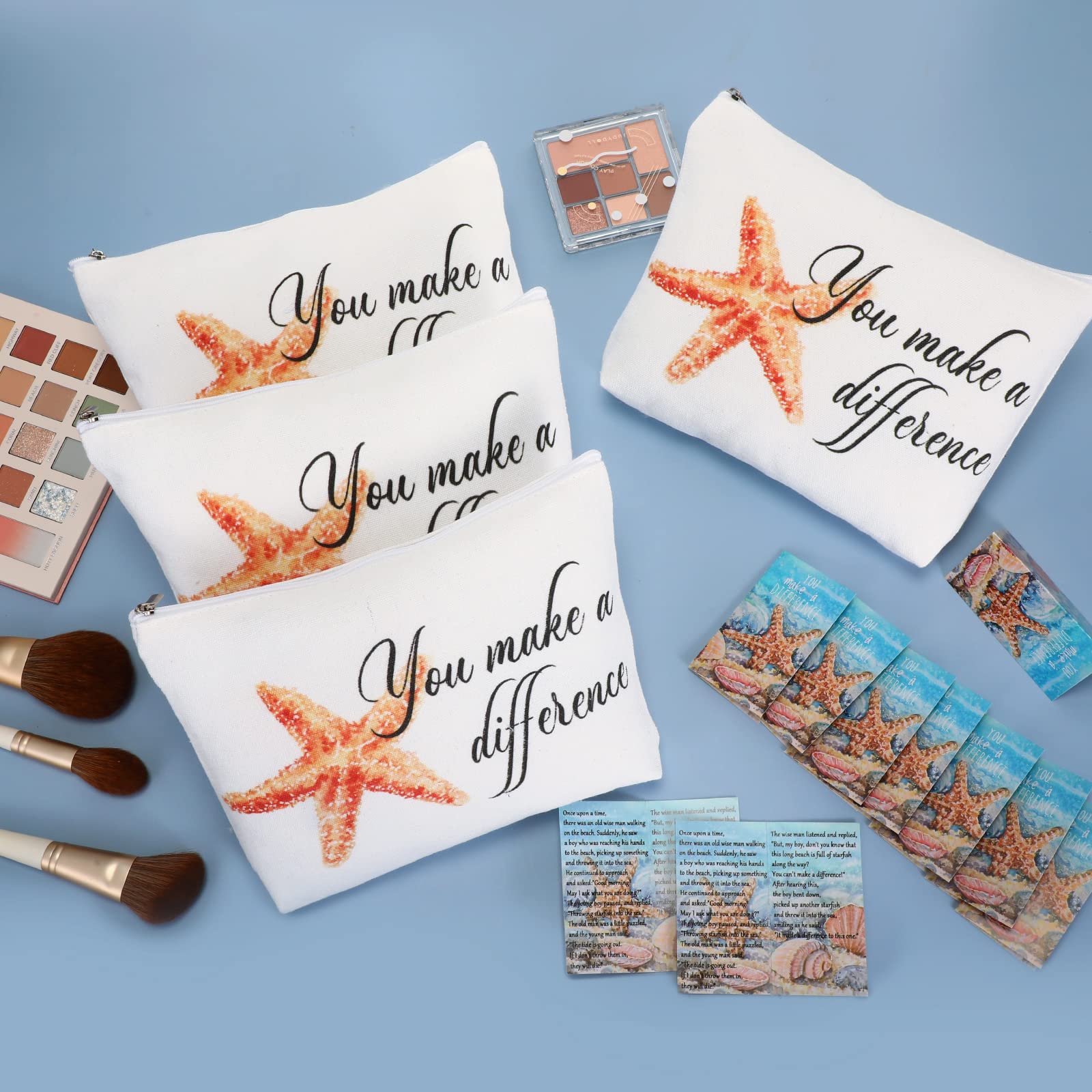 10 Pcs Inspirational Cosmetic Bags with Motivational Poem Cards - Starfish Design Zippered Canvas Makeup Pouch for Women, Employees, Teachers, Nurses - Perfect Appreciation Gifts for Graduation, Birthday, Thank You, Retirement