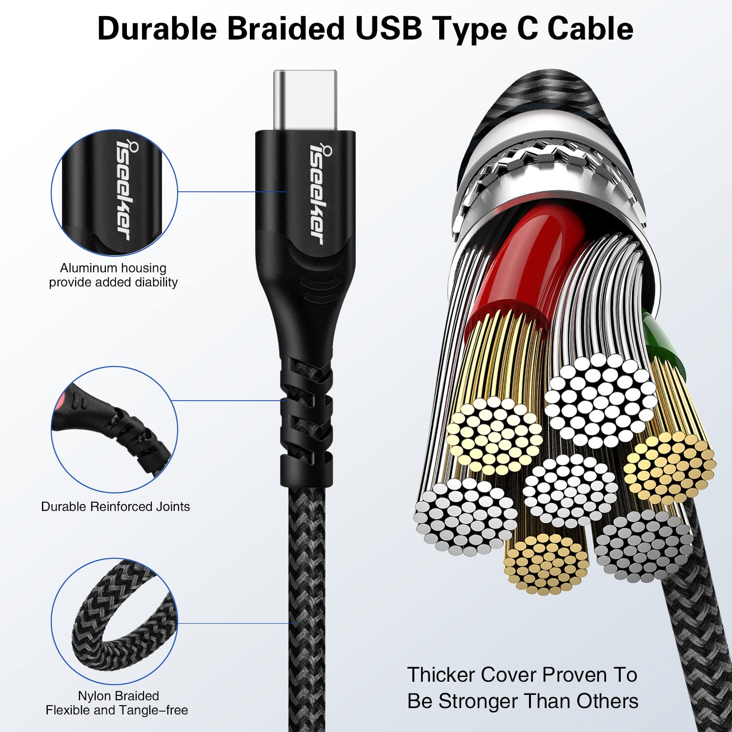 iSeekerKit 3-Pack 1.5FT USB A to USB C Fast Charging Cable - High-Speed Data Sync Cord Compatible with Samsung Galaxy S20/S10/Note 20, iPhone 15/14/13, iPad Pro - Perfect for Home, Office & Travel Charging