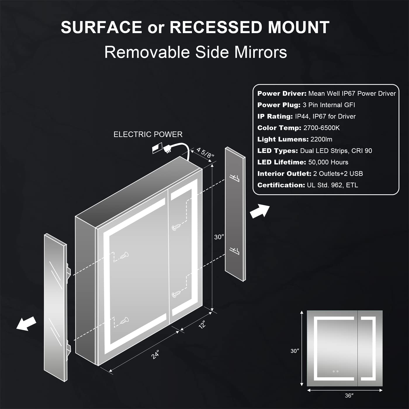 WELLFOR LED Bathroom Mirror Cabinet with Defogger & Dimmer - 36