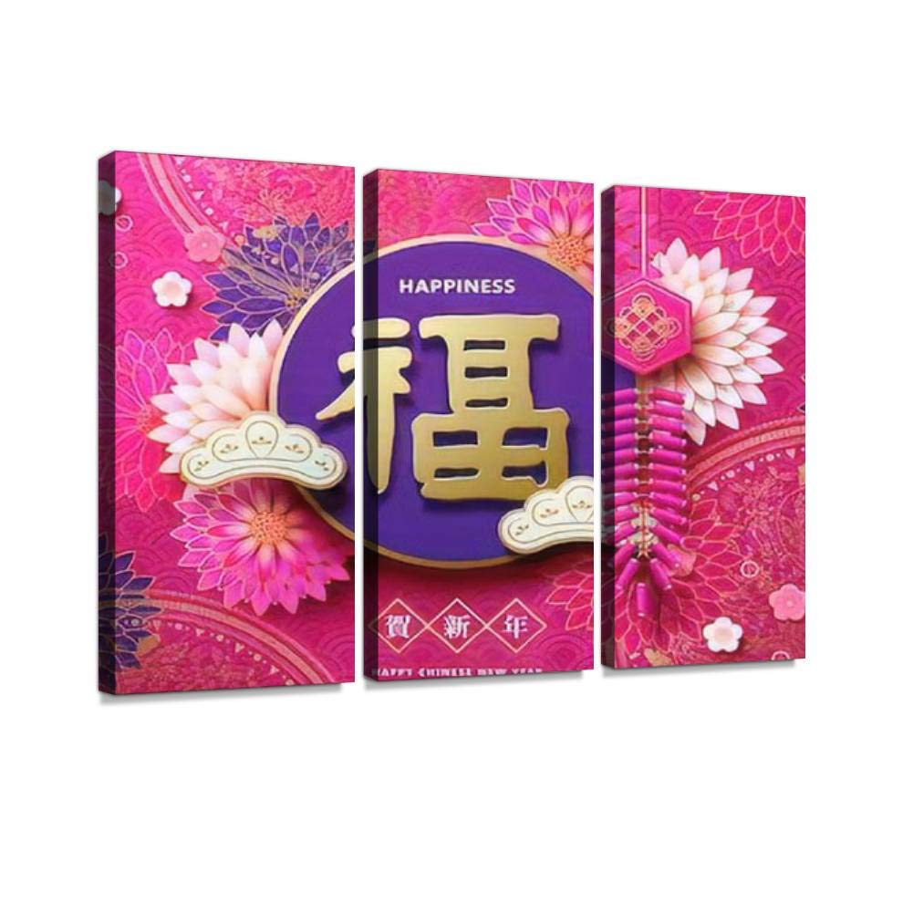 Blaverr Chinese New Year Canvas Wall Art - 3 Panels Fortune & Happiness Print with Chrysanthemum & Firecracker Designs | Modern Asian Home Decor for Living Room, Office & Festival Celebration