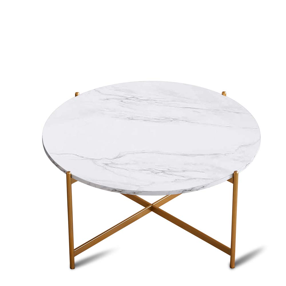 Goujxcy Modern Marble Round Coffee Table with Gold Metal Frame - Stylish Accent Table for Living Room, Bedroom, or Dining Room - Perfect for Small Spaces and Home Decor
