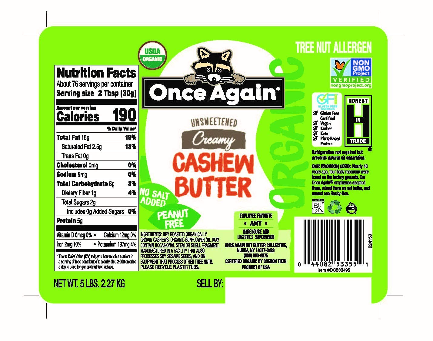 Once Again Organic Creamy Cashew Butter, 5lb Bulk Jar - Unsweetened, USDA Organic Certified, Gluten Free, Vegan, Kosher, Peanut Free Nut Butter - Perfect for Smoothies, Baking & Healthy Snacks