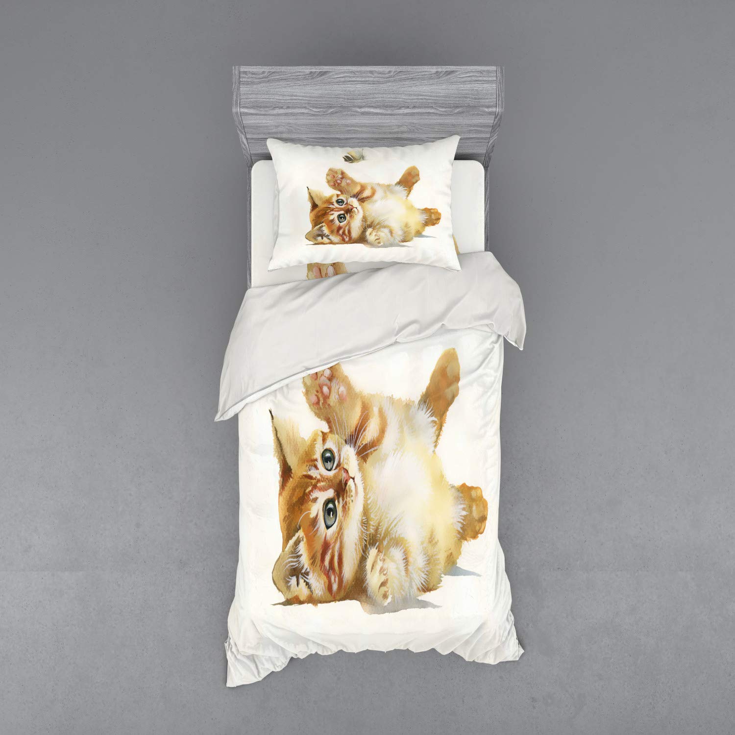 Ambesonne Cat Playing with Feather Watercolor Duvet Cover Set - 3 Piece Twin XL Bedding with Sham & Fitted Sheet, Apricot Cream White - Perfect for Kids' Rooms, Animal Lovers & Boho Chic Bedrooms