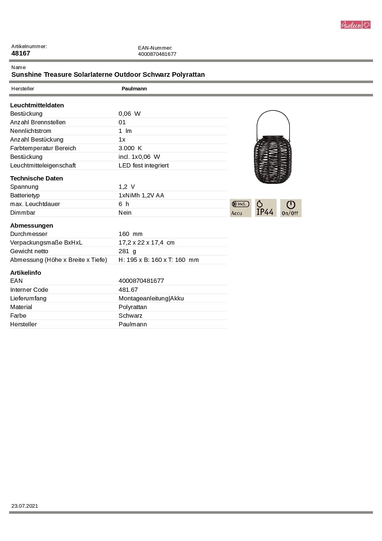 Pauleen Sunshine Treasure 48167 Solar Lantern - Outdoor Solar Powered Rattan Lighting for Garden, Balcony, Patio (3000K Warm White, Black) | Perfect for Backyard Decor, Pathway Illumination & Evening Ambiance