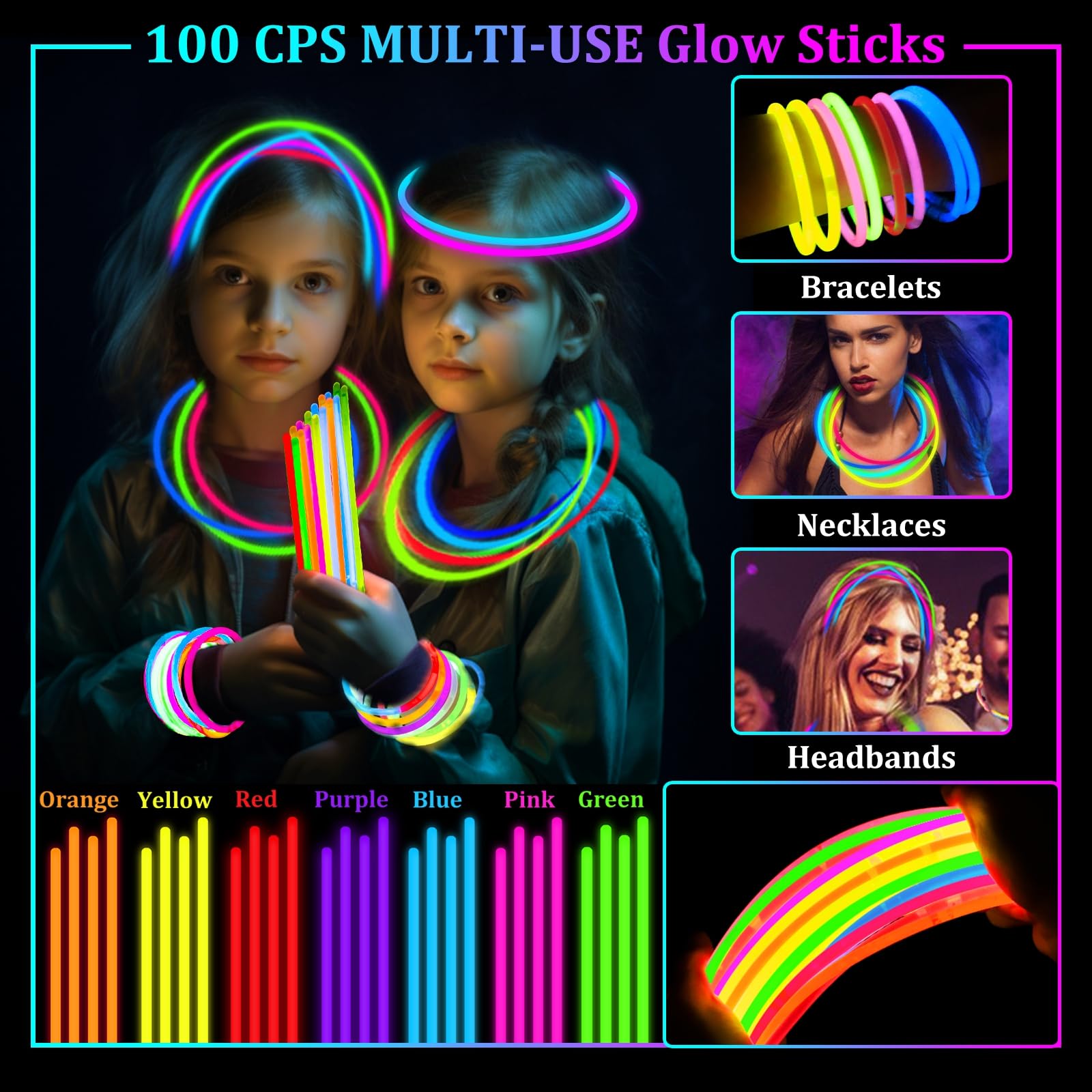 TURNMEON 148-Piece Glow in the Dark Party Kit - 24 LED Glasses, 24 Flashing Bracelets & 100 Glow Sticks Bulk - Perfect for Kids & Adults Birthday, Wedding, Carnival & Concert Night Events
