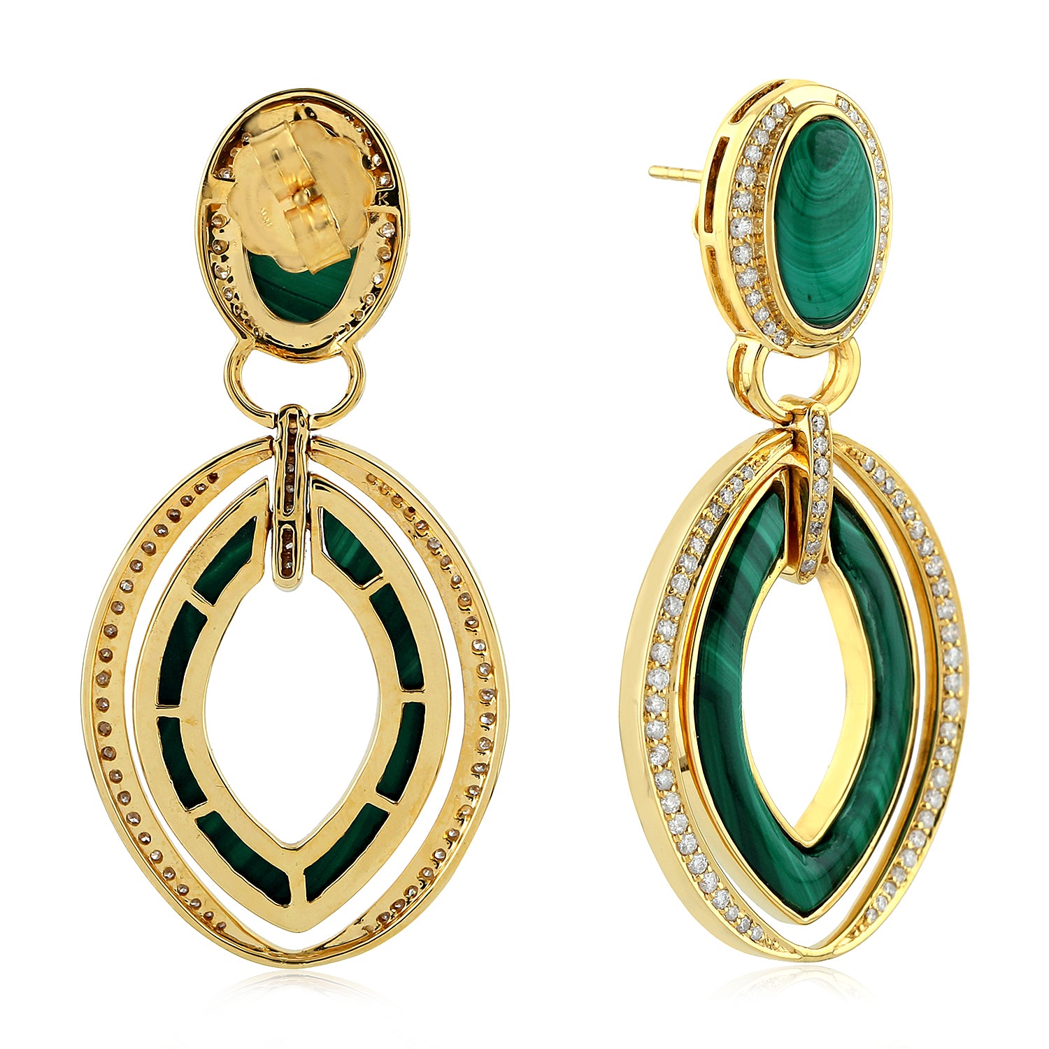 Luxury 18K Yellow Gold Malachite Pave Diamond Dangle Earrings - Handcrafted Designer Jewelry for Women, Perfect for Weddings, Parties & Special Occasions
