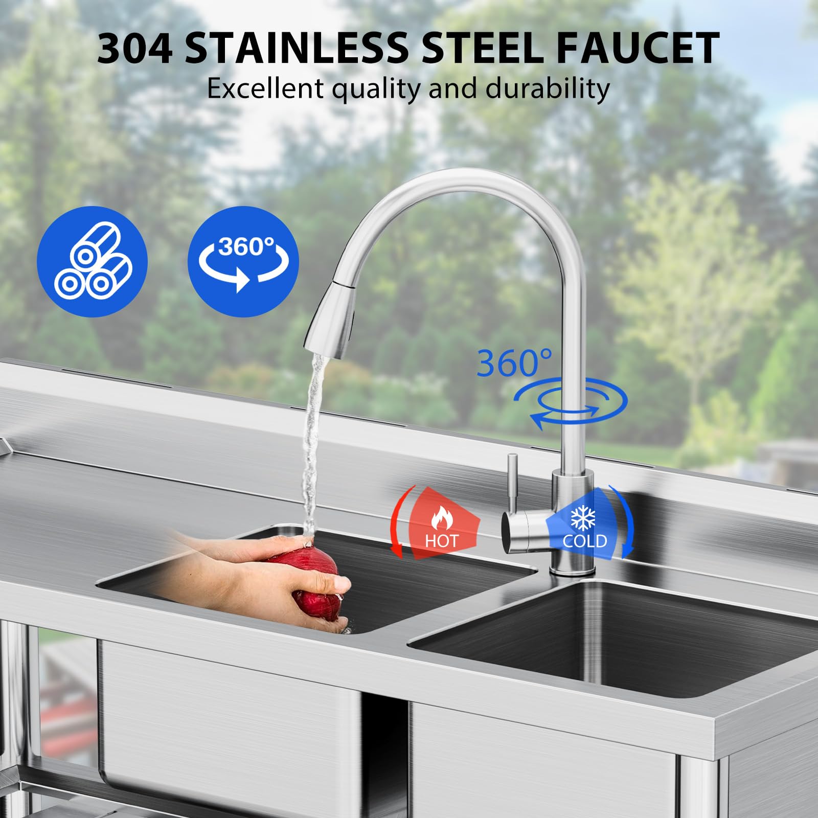 47in Stainless Steel Double Bowl Laundry Sink - Heavy Duty Freestanding Commercial Kitchen Sink Set for Restaurant, Bar, Garage & Backyard | Durable Utility Sink for Washing Clothes, Food Prep & Outdoor Cleaning