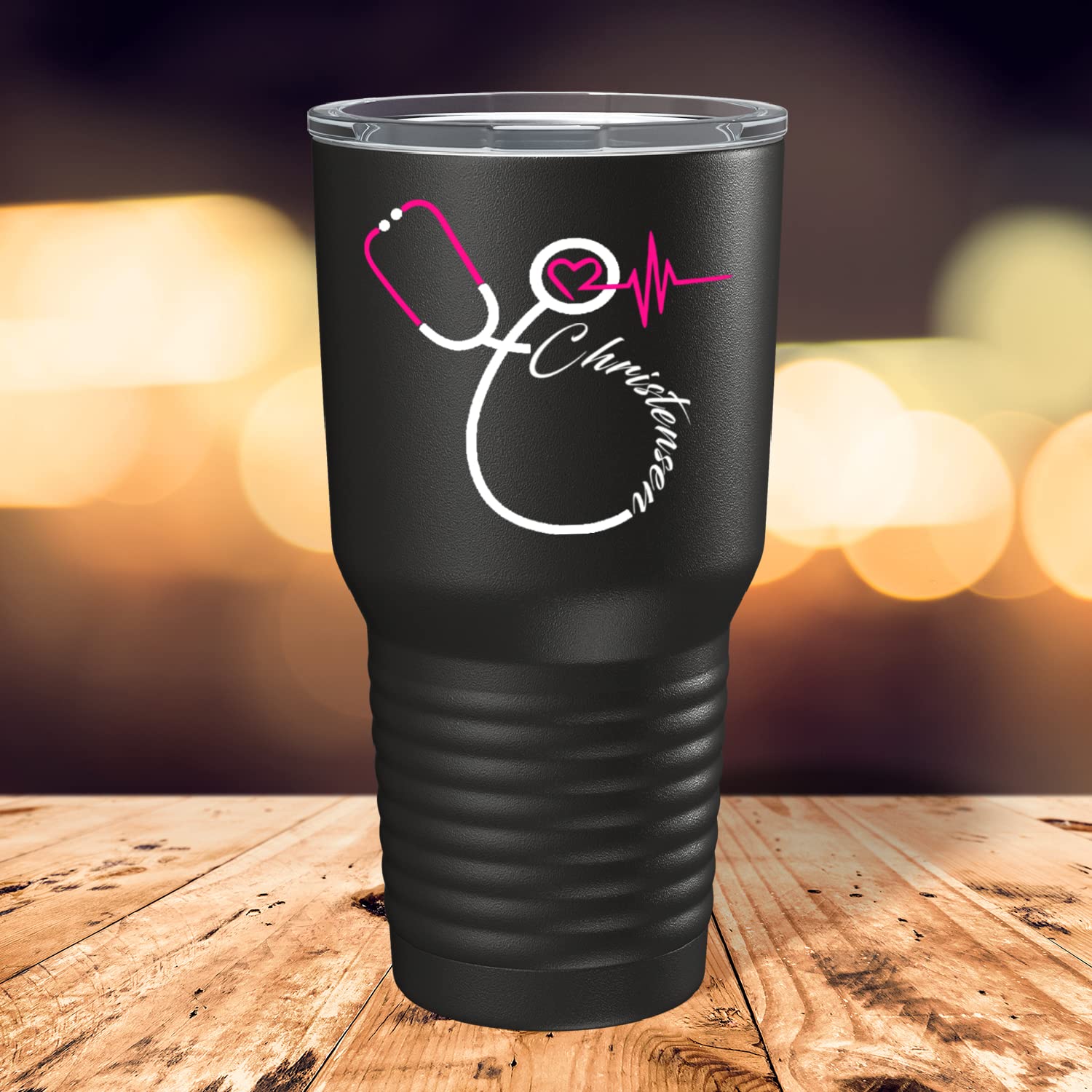 Personalized Nurse Pink & White Stethoscope Design 30 oz Stainless Steel Tumbler with Lid - Insulated Travel Mug for Coffee & Tea - Perfect Gift for Nurses, Medical Students & Healthcare Workers - Great for Hospitals, Clinics & Daily Commute