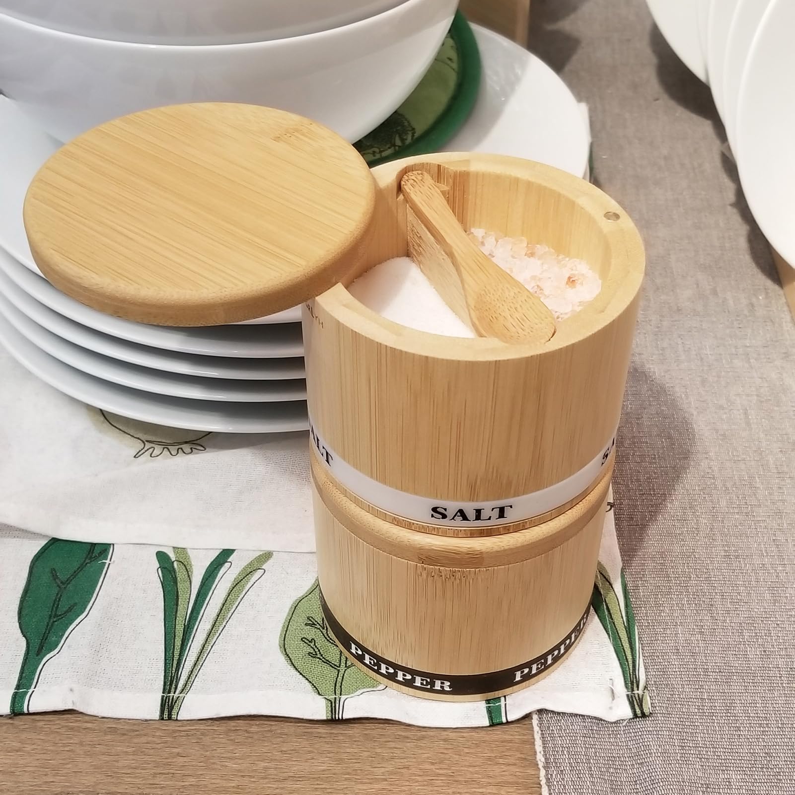 Premium Bamboo Salt and Pepper Shaker Set with Swivel Lid & 2 Stainless Steel Spoons - 13oz Kitchen Spice Dispenser for Dining Table, BBQ, Camping & Home Cooking