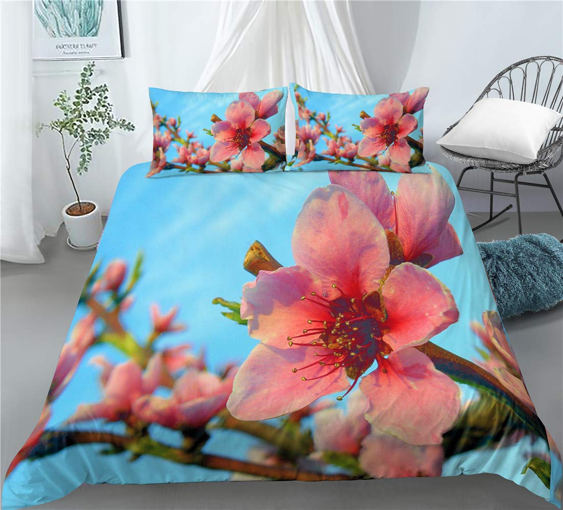 REALIN Pink and White Cherry Blossom Duvet Cover Set - 2/3/4PCS Spring Floral Bedding with Quilt Cover, Sheets & Pillow Shams - Twin/Full/Queen/King Size (Full-200x229cm-4PCS) - Perfect for Spring Bedroom Decor, Wedding Gift, and Guest Room Makeover