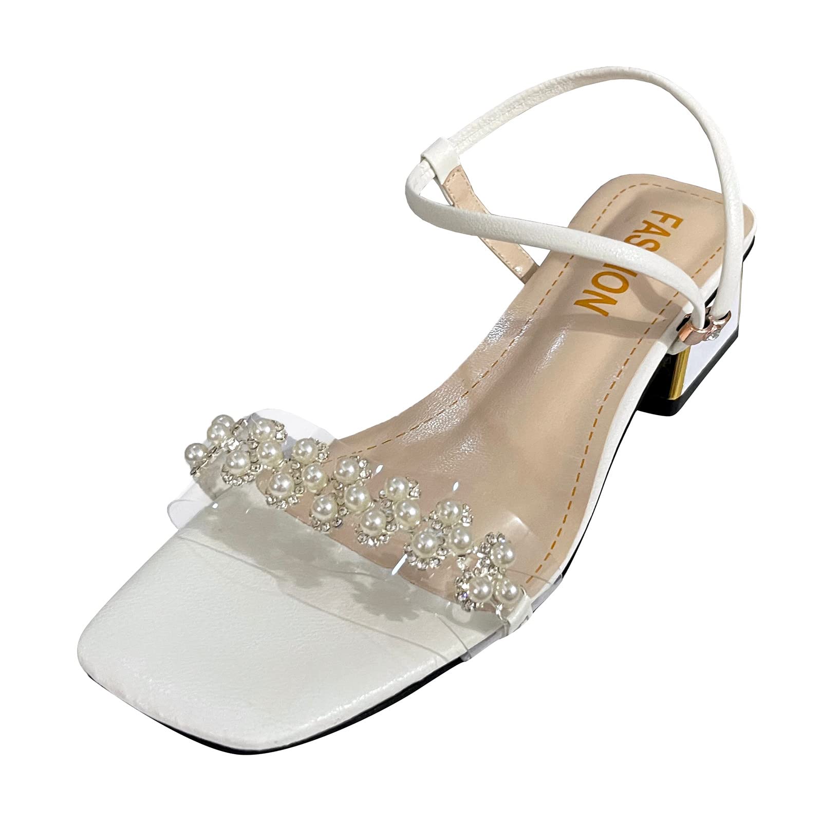 Women's Beaded Rhinestone Sandals with Thick Sole - Elastic Strap Summer Fashion Heels for Ladies - Perfect for Beach, Party & Casual Outfits