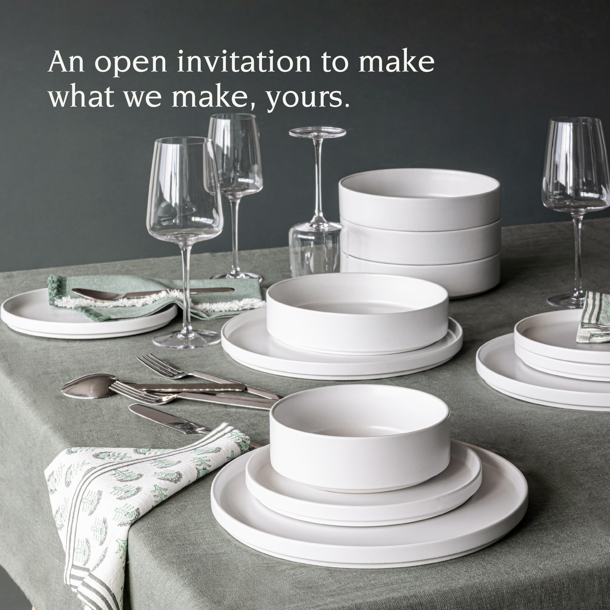16-Piece Stackable Stoneware Dinnerware Set - Includes 4 Dinner Plates, 4 Salad Plates, 4 Cereal Bowls & 4 Soup Bowls - All-Occasion White Dish Set for Everyday Dining & Entertaining - Durable Semi-Matte Finish for Family Meals, Dinner Parties & Restaurant-Style Serving