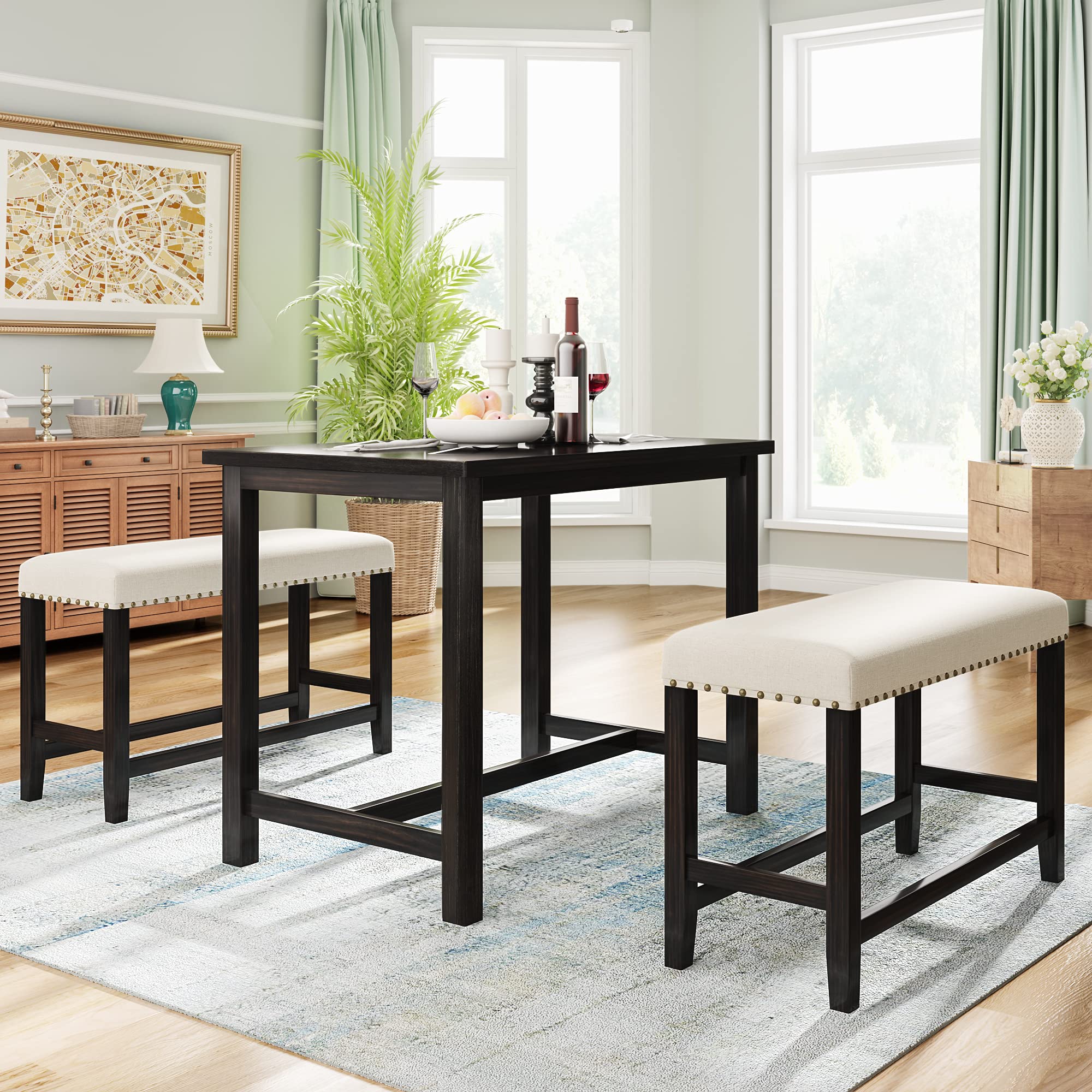 P PURLOVE 3-Piece Counter Height Dining Set - Kitchen Table with 2 Cushioned Benches for 4 People, Space-Saving Small Space Furniture - Perfect for Breakfast Nooks, Apartments & Cozy Dining Areas