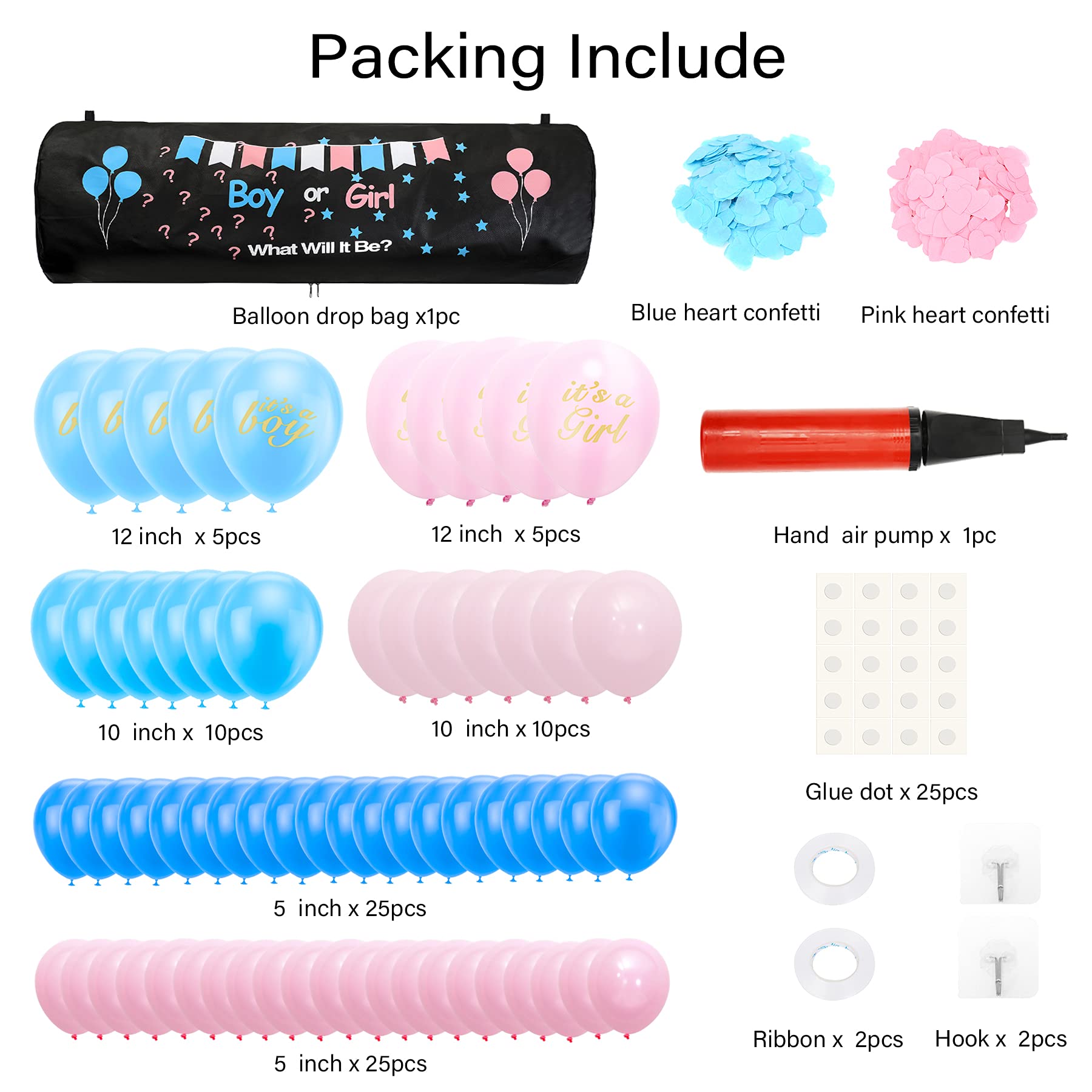 Tenshun Gender Reveal Party Kit - 1 Balloon Drop Bag, 40 Pink & Blue Balloons, Confetti, Air Pump, Ribbons & Hooks for Baby Shower, Gender Announcement Celebration - Perfect for Indoor & Outdoor Parties