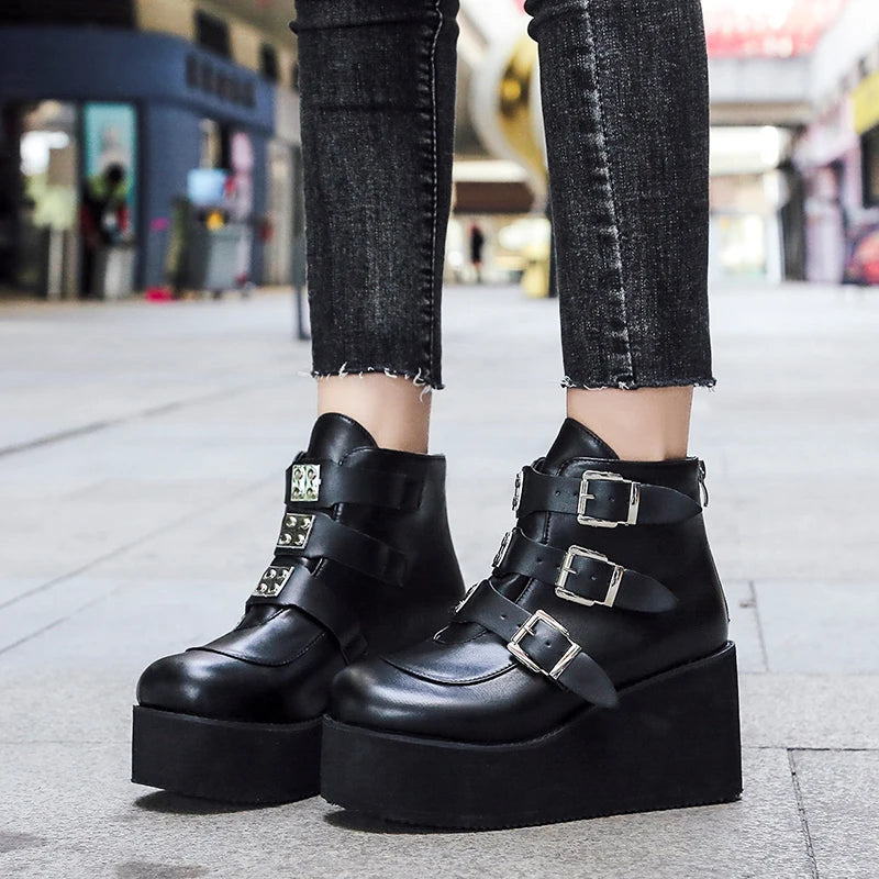 Women's Ankle Boots with Belt Buckle - Street Fashion Casual Wedge Platform Shoes, Size 43, Super High Heel Designer Boots for Women | Perfect for Night Out, Party & Fall/Winter Fashion