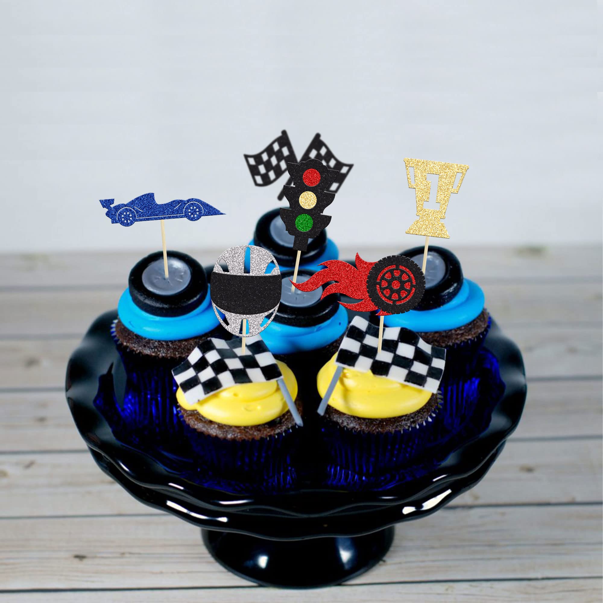 24Pcs Race Car Cupcake Toppers - Glitter Traffic Light, Wheel, Trophy & Flag Decorations for Racing Themed Birthday Parties, Baby Showers & Sports Events - Perfect for Cake Decorating & Dessert Displays
