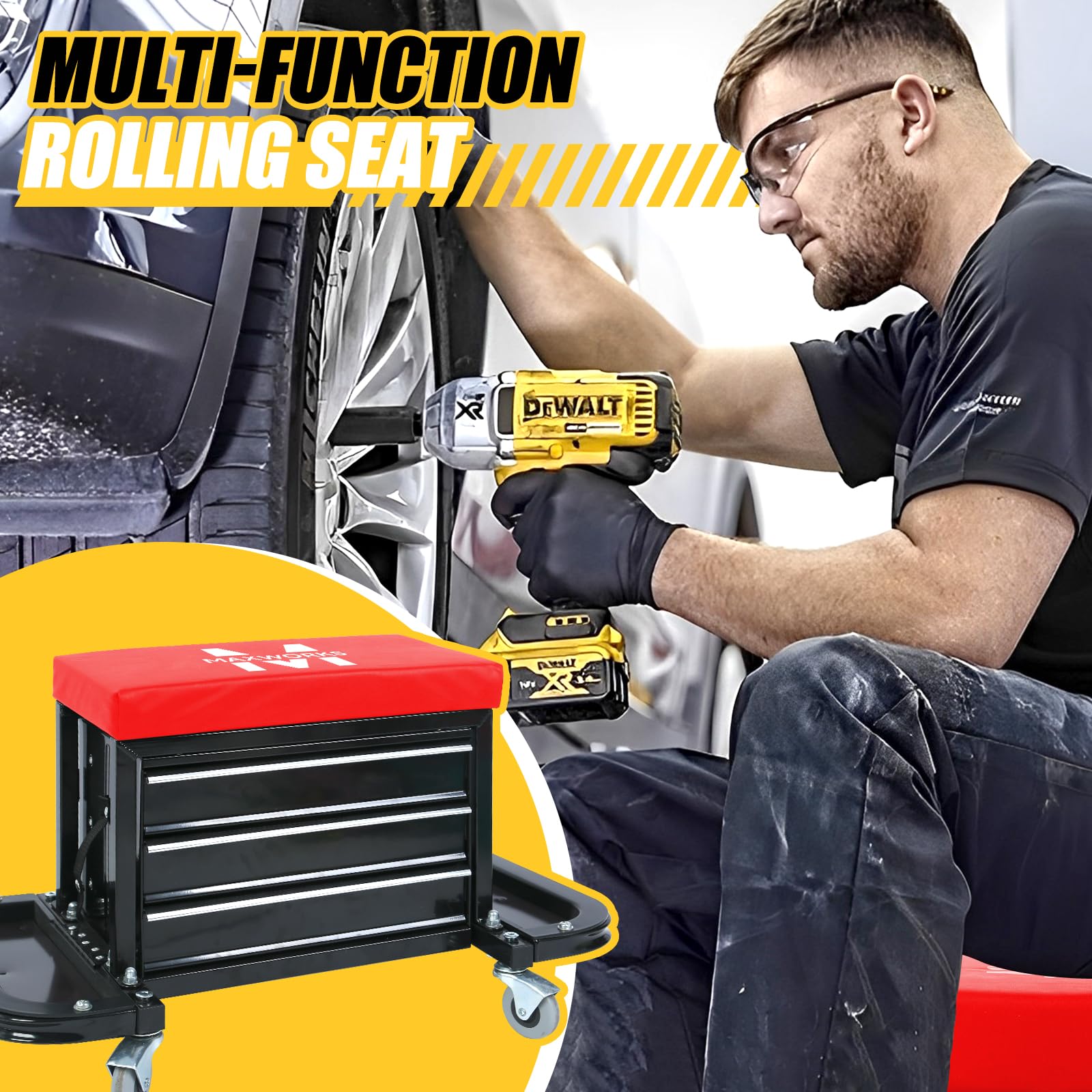 MaxWorks MW-0206 Heavy Duty 3-Drawer Rolling Shop Stool with Padded Seat Cushion - 350 lbs Capacity Tool Storage Chest for Garage, Workshop & Industrial Use - Smooth Ball Bearing Drawers for Easy Access