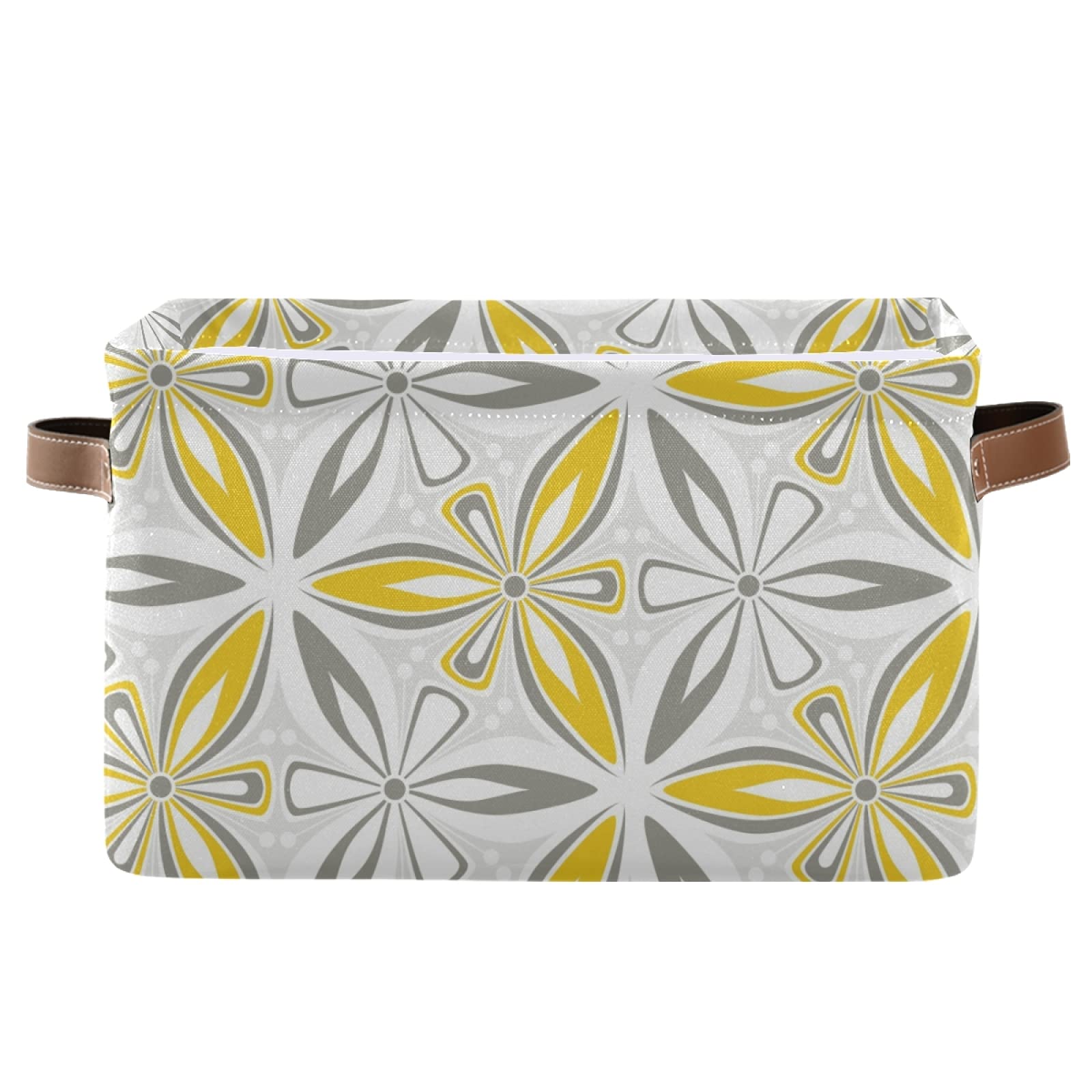 Susiyo Grey Yellow Geometric Flower Storage Bins - 14 x 10 Inch Canvas Storage Basket for Shelves, Closet Organizing (1 Piece) - Perfect for Home Decor, Bedroom Storage & Kids' Room Organization