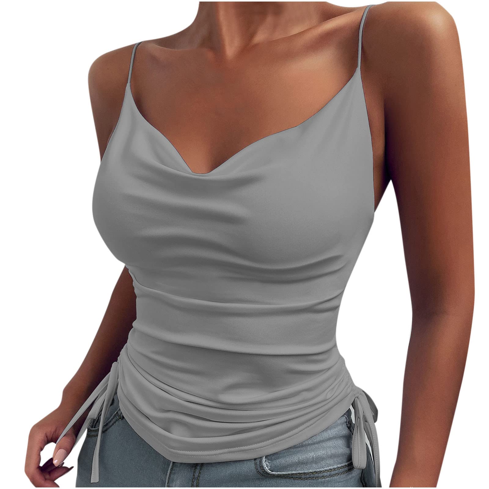 Sexy V Neck Cami Tank Tops for Women - Spaghetti Strap Sleeveless Shirts with Side Tie Detail | Perfect for Summer Outfits, Beach Wear & Casual Daily Fashion