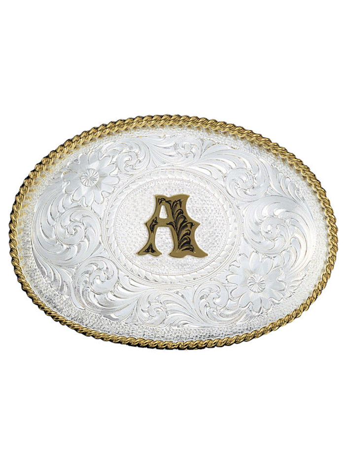 Montana Silversmiths 700 Initial Silver Engraved Gold Trim Western Belt Buckle for Men & Women - Perfect for Cowboy Boots, Jeans & Western Outfits
