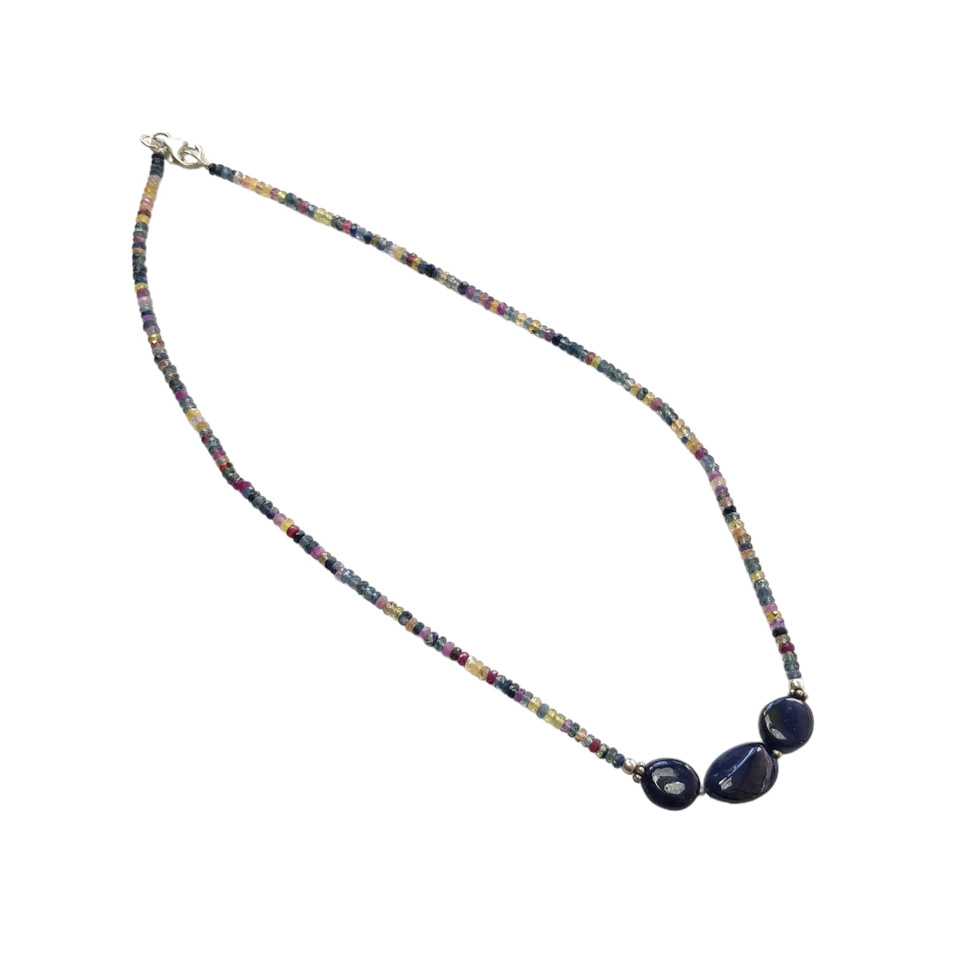 Natural Blue & Multi Sapphire Beads Necklace - 10.34gms Untreated Sapphire Gemstone Jewelry, 925 Sterling Silver Faceted Beaded Necklace for Women, 16 Inch, Perfect for Weddings, Parties & Gift Giving
