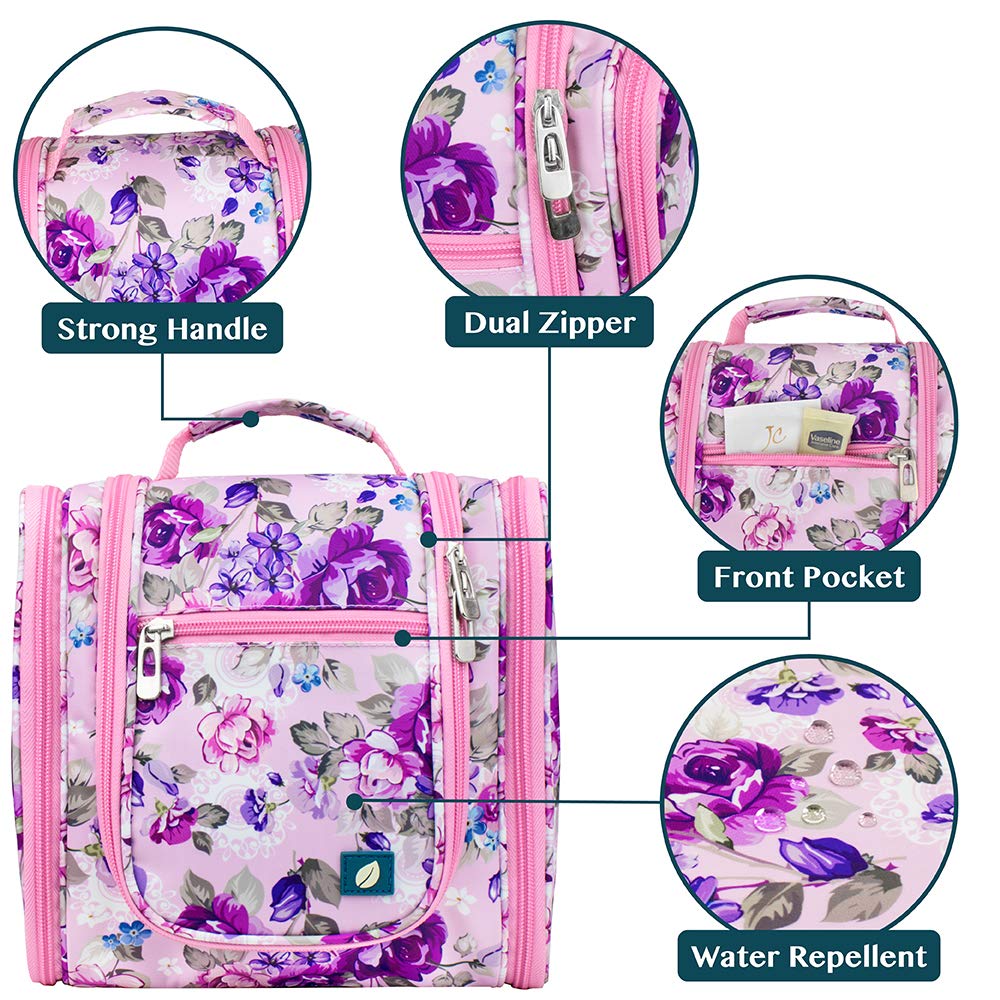 PAVILIA Hanging Toiletry Bag for Women & Men - Waterproof Travel Cosmetic Organizer with Multiple Pockets, Large Makeup Bag for Toiletries & Accessories (Floral Pink) - Perfect for Travel, Camping & Gym Essentials