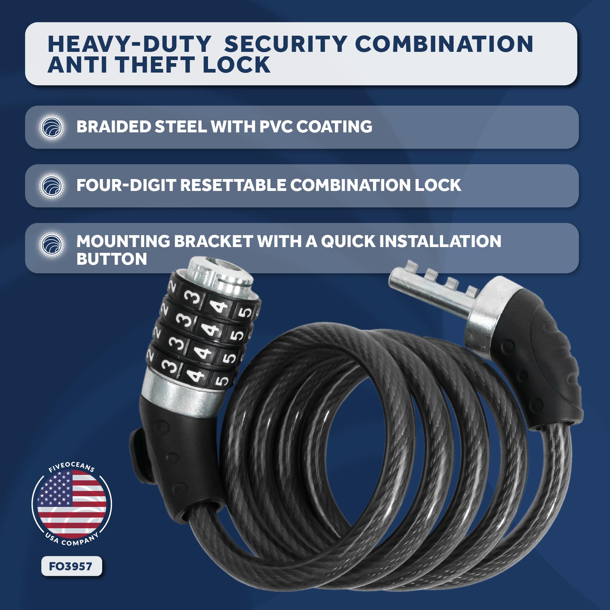 Five Oceans Heavy Duty Combination Bike Lock - 4ft Anti-Theft Security Cable with Resettable Code & Mounting Bracket for Bicycle, Motorcycle, Door, Gate, Fence | Perfect for Urban Commuting, Outdoor Adventures & Home Security - FO3957