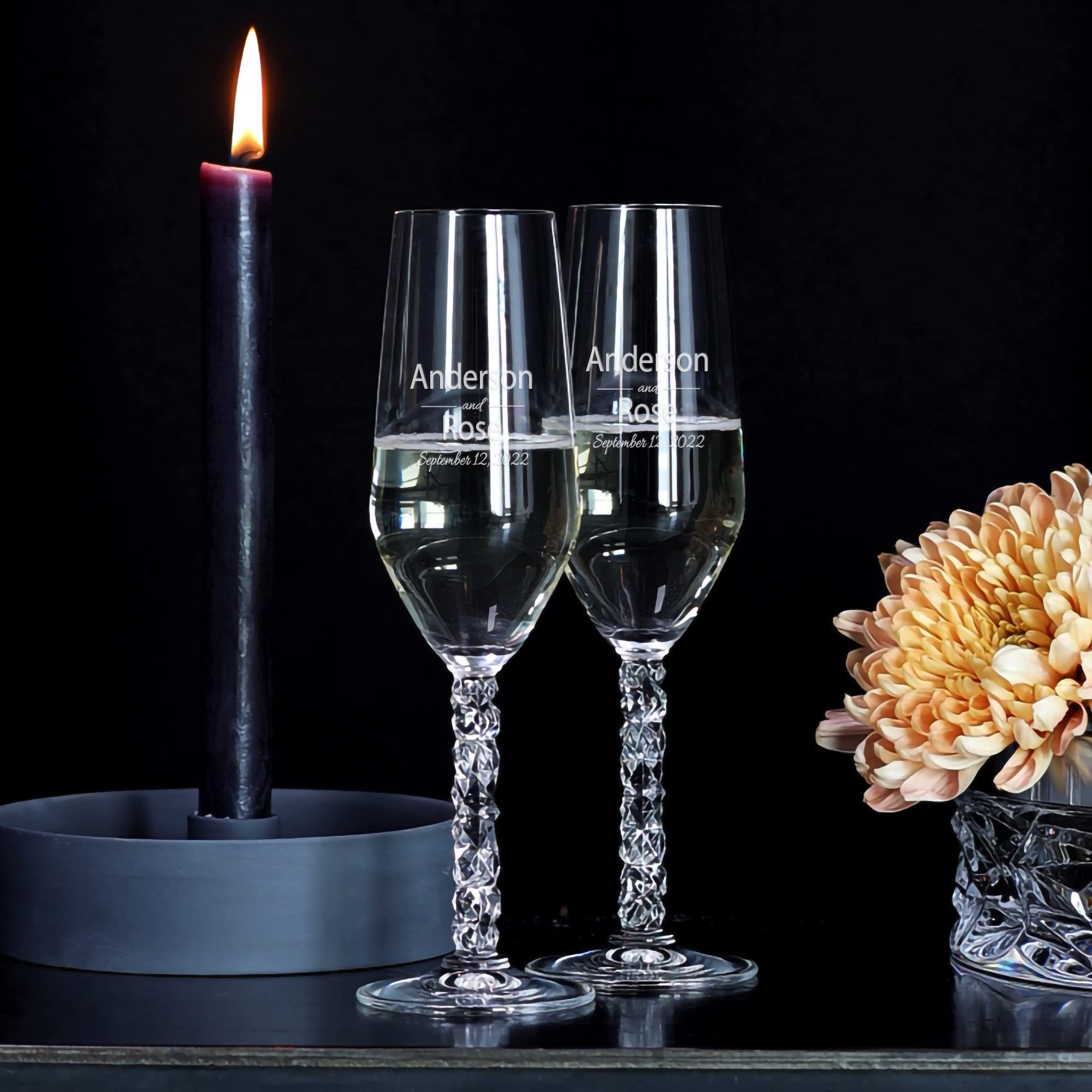 Orrefors Personalized Carat Wedding Champagne Flutes Set of 2 - Custom Engraved Crystal Toasting Glasses for Bride & Groom - Elegant Wedding Gift & Anniversary Present - Perfect for Romantic Toasts & Special Celebrations
