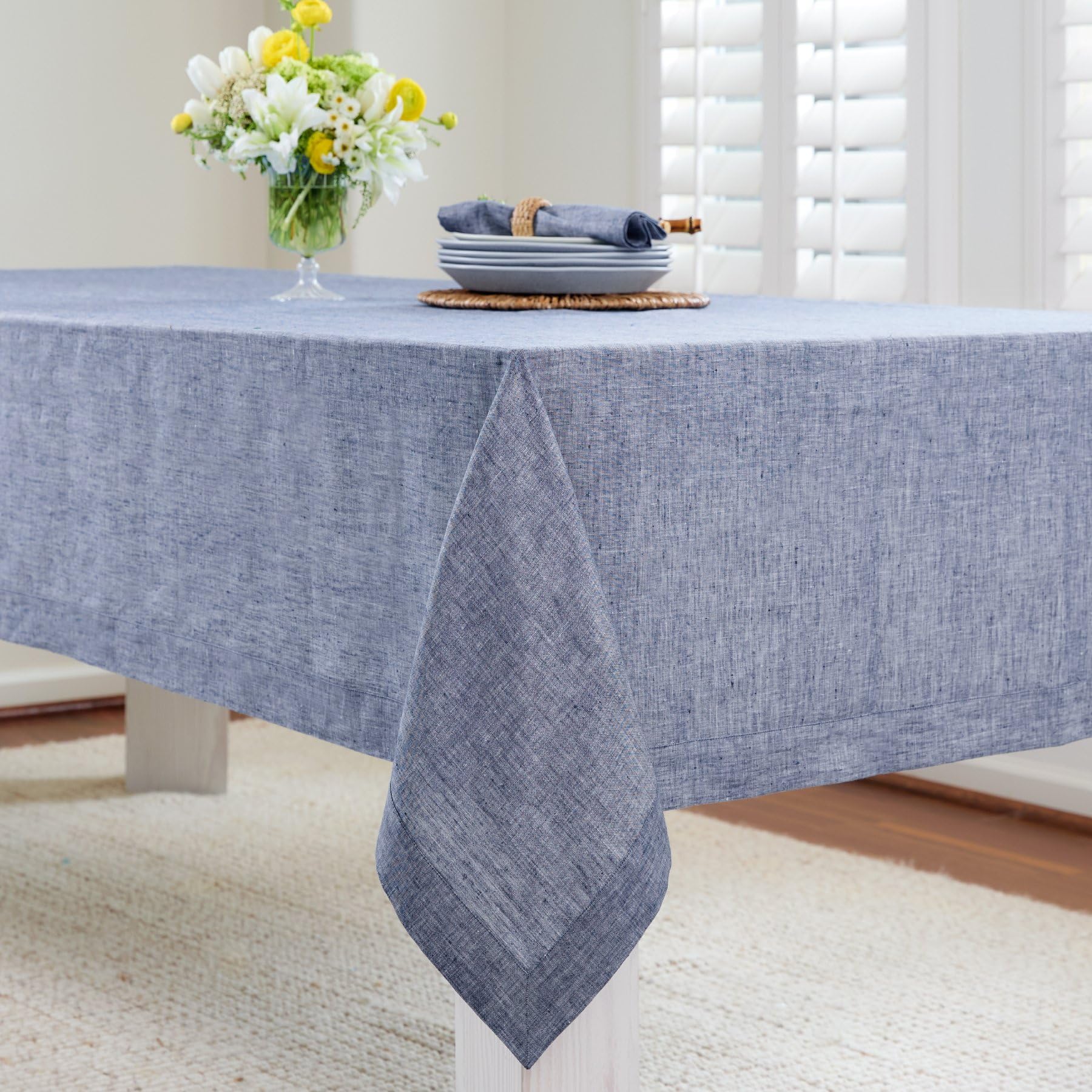 Premium 100% Pure Linen Tablecloth 60x120 Inches - Elegant Athena Chambray Indigo Rectangular Table Cover - Machine Washable Dining Table Decor for Spring, Easter & Mother's Day - Perfect for Farmhouse, Rustic & Boho Home Decor