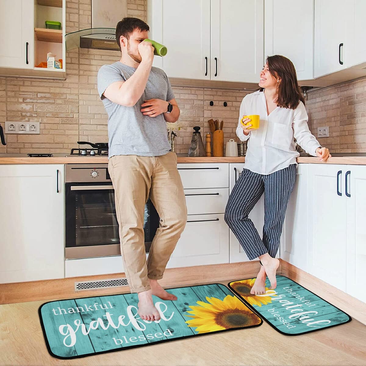 Non-Slip Washable 2-Piece Teal Sunflower Kitchen Rug Set - Turquoise Runner Mats for Floors, Laundry Room & Home Decor | Perfect for Farmhouse Kitchens & Entryways