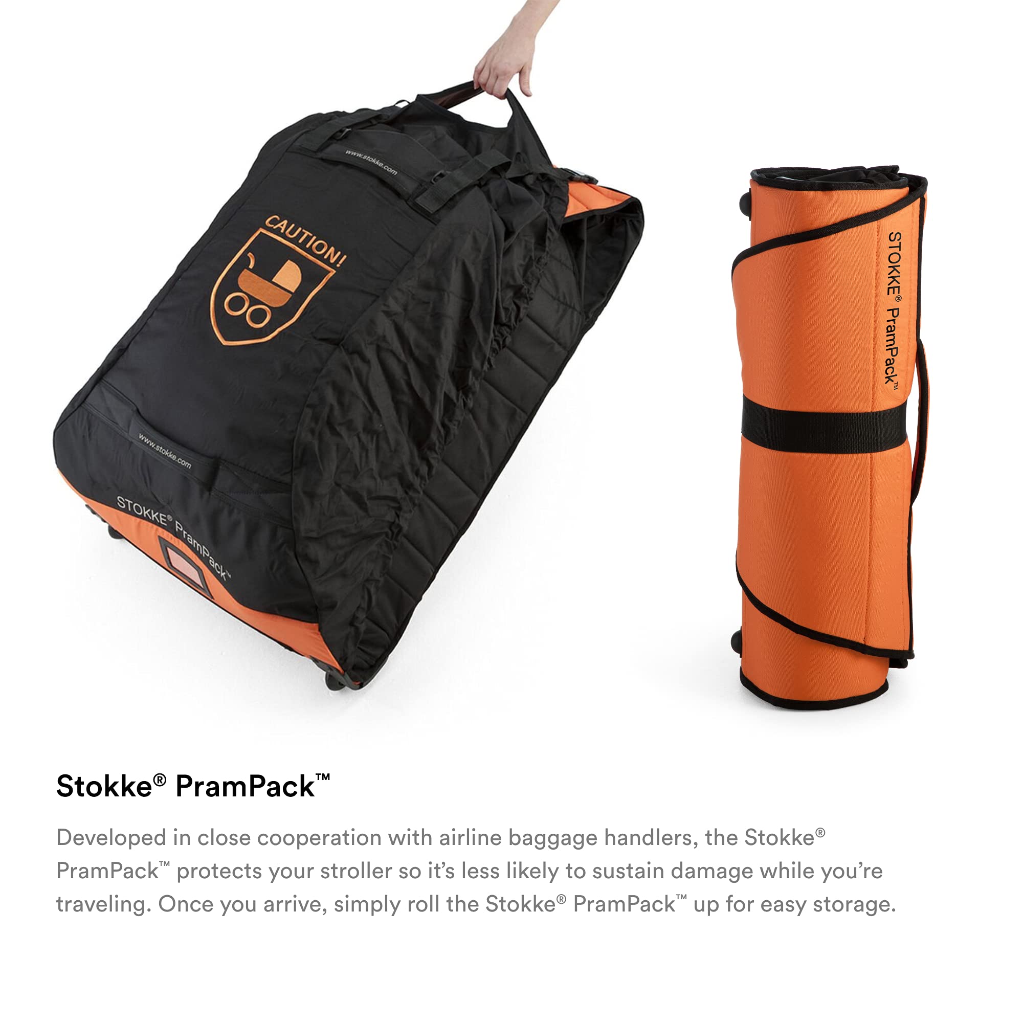 Stokke PramPack Travel Stroller Cover - Lightweight & Compact Black & Orange Protector for Most Strollers - Perfect for Airplane, Car & Storage Protection