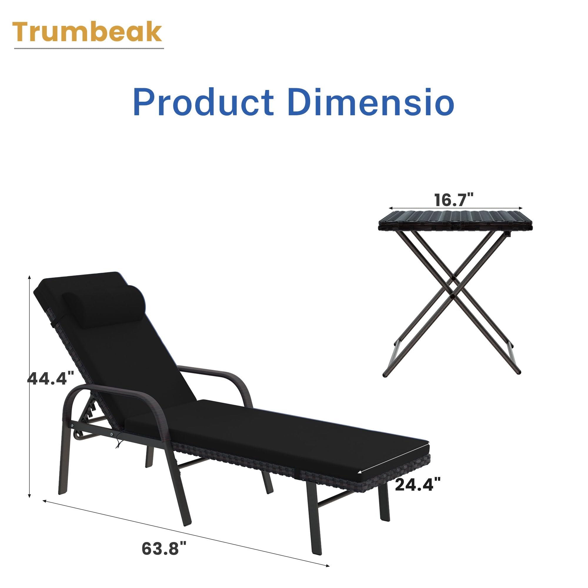 3-Piece Patio Chaise Lounge Set with Cushions - Adjustable Rattan Backrest Folding Pool Chairs & Side Table - Outdoor Furniture for Poolside, Porch, Deck, Garden Relaxation (Black)