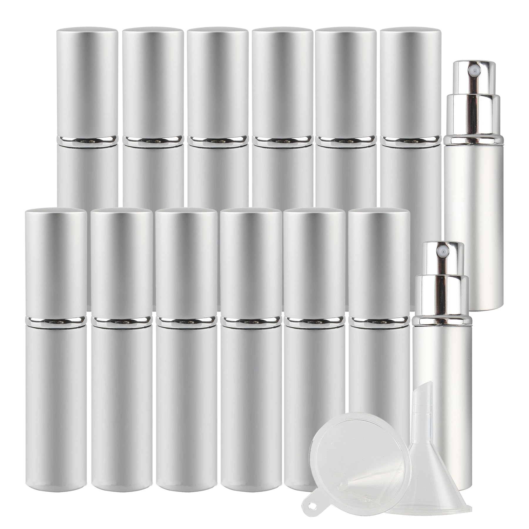 14 Pack 5ml Refillable Perfume Spray Bottles - Portable Cylindrical Silver Travel Perfume Atomizer with 4 Funnels | Mini Fragrance Bottles for Women, Essential Oils & DIY Perfume Making | Perfect for Travel, Gym, Purse & Gift Giving