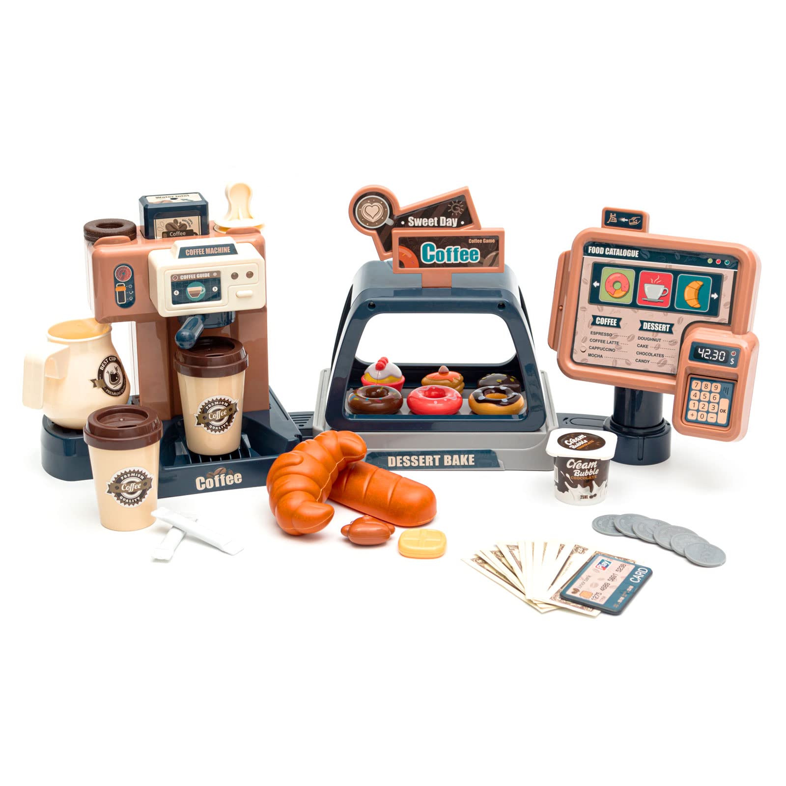 Jomifin Pretend Play Coffee Shop Set for Kids - 41Pcs Classic Edition with Coffee Maker Machine & Fake Donuts - Educational Role Play Toy for Boys & Girls - Perfect for Birthday Gifts & Preschool Learning Activities