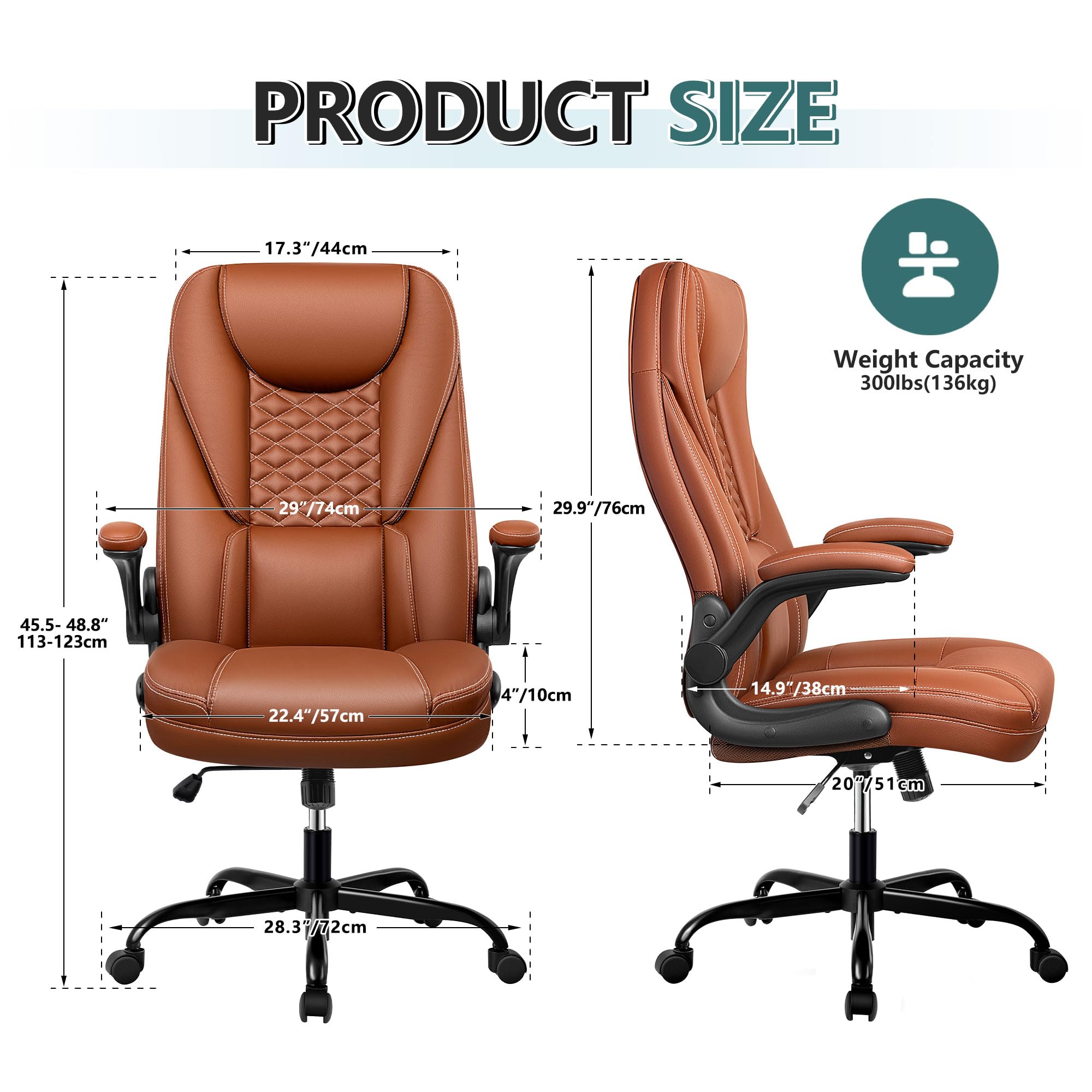 Premium Big and Tall Executive Office Chair - Ergonomic Leather High Back Chair with Lumbar Support & Adjustable Flip-Up Arms - Home Office Desk Computer Chair (Brown) - Perfect for Long Work Hours & Gaming Sessions