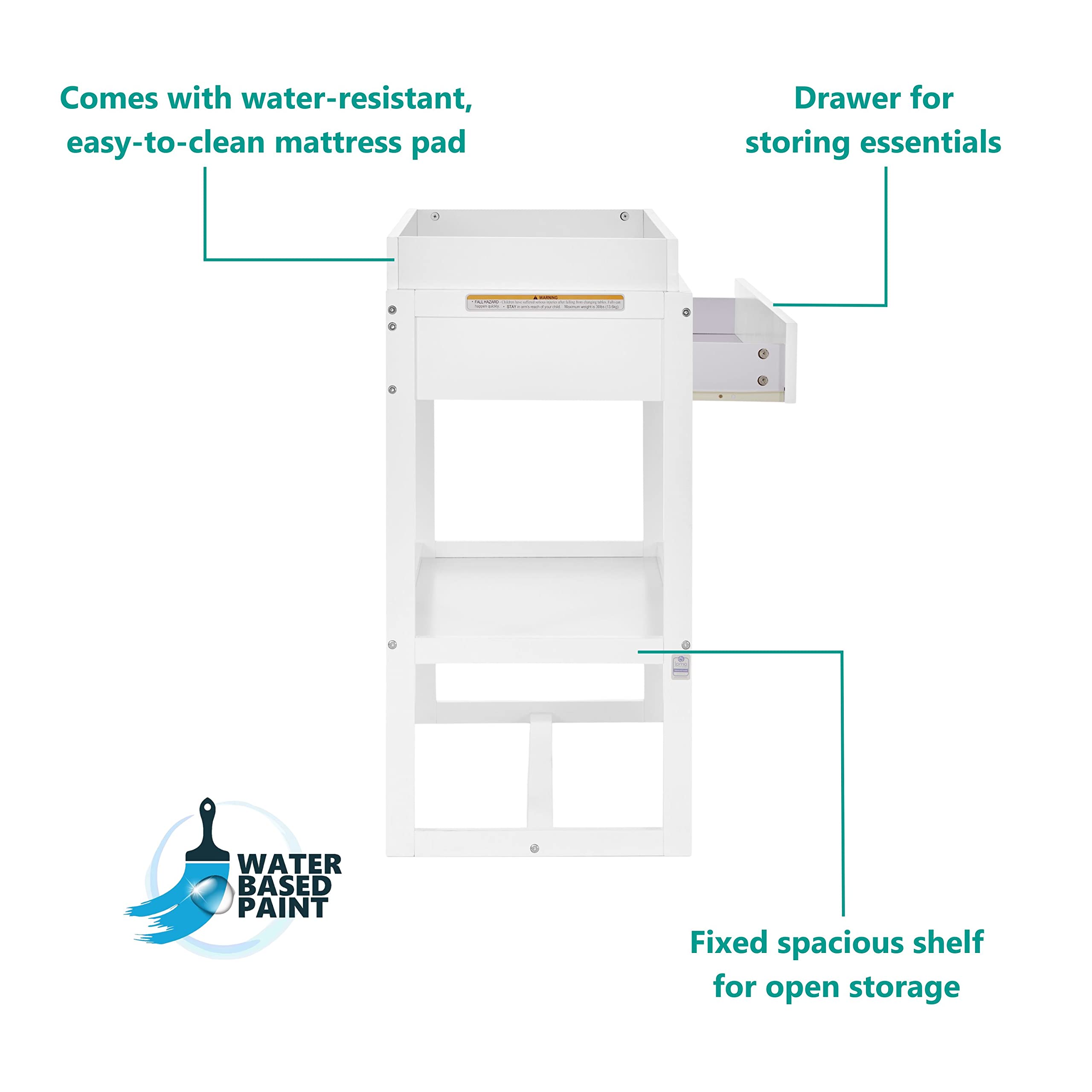 Dream On Me Arlo White Changing Table - Solid New Zealand Pinewood, Non-Toxic Finish with Waterproof Mattress Pad & Safety Strap - Perfect for Nursery, Baby Room & Gift Registry