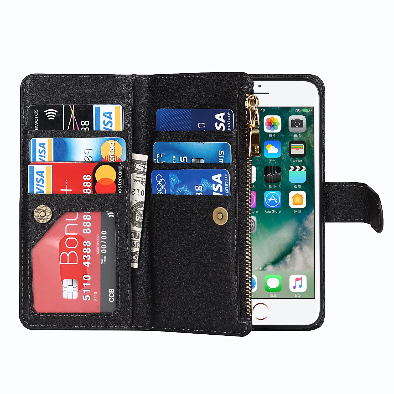 Premium Leather Magnetic Wallet Case for iPhone SE/8/7 - RFID Blocking Card Holder with Strap Stand - Slim Protective Cover for Men & Women - Perfect for Travel, Work & Everyday Use (Black)