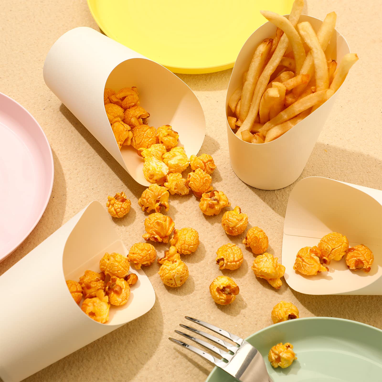Disposable French Fries Holder 14 oz - 100 Pack White Kraft Paper Cones for Takeout, Parties, Weddings - Perfect for Ice Cream, Popcorn, Waffles & Finger Foods - Eco-Friendly Baking & Catering Supplies