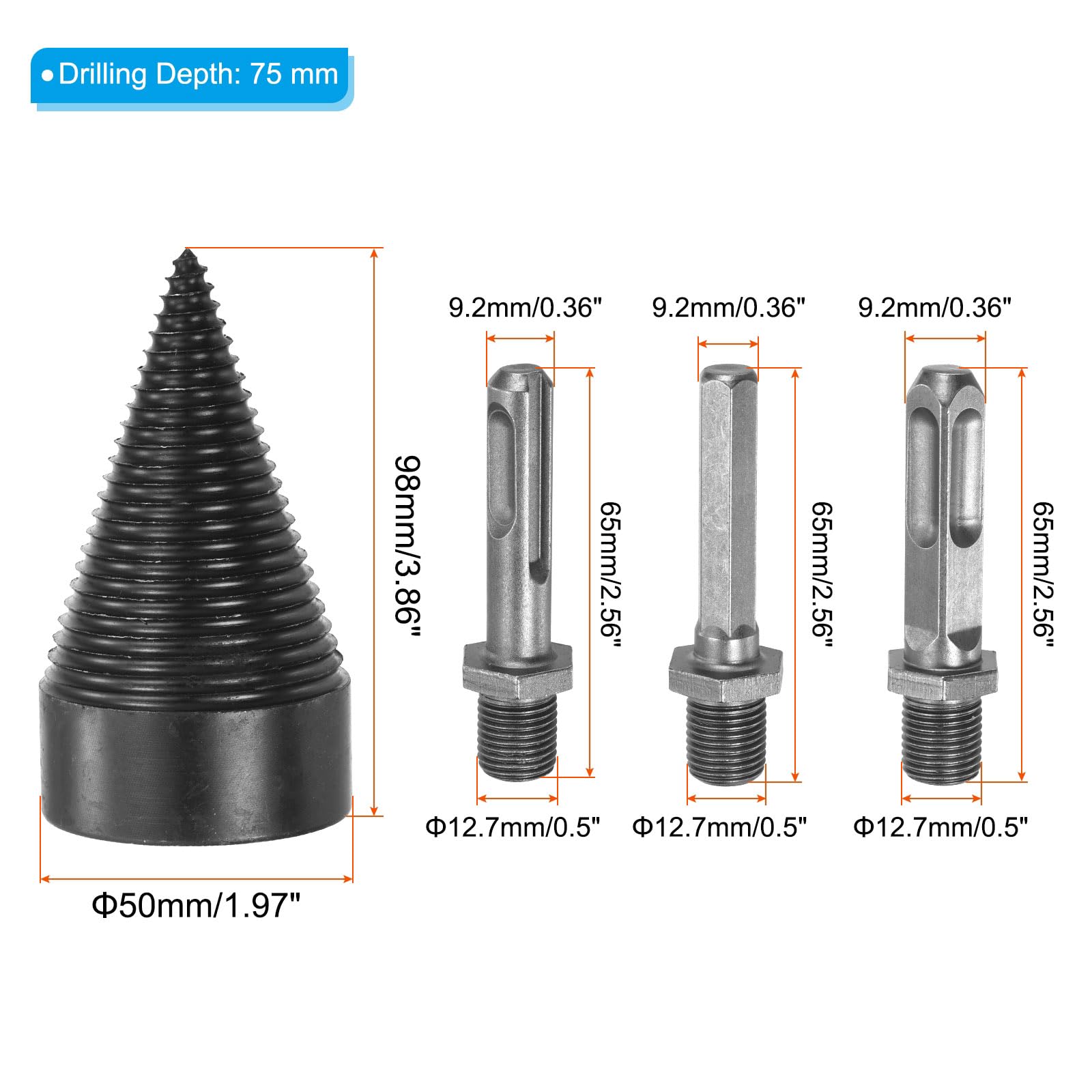 50mm Firewood Log Splitter Drill Bit Set - 7Pcs Removable Cone Screw Driver Bits with Shafts for Electric Drills | Perfect for Home Firewood Splitting, DIY Woodworking & Outdoor Camping