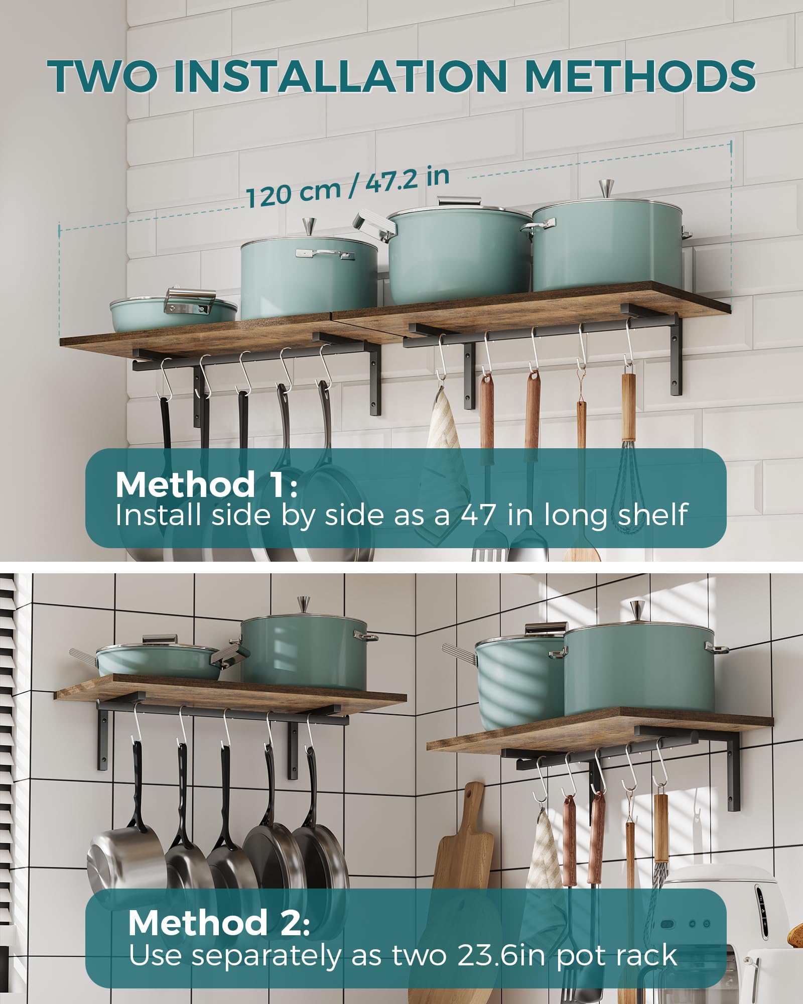 OROPY 2 Pack Wooden Wall Mounted Pot Pan Hanging Rack - 23.6 Inch Kitchen Organizer with 10 S Hooks for Cookware, Utensils & Spices - Space Saving Storage Solution for Small Kitchens, RVs & Apartments