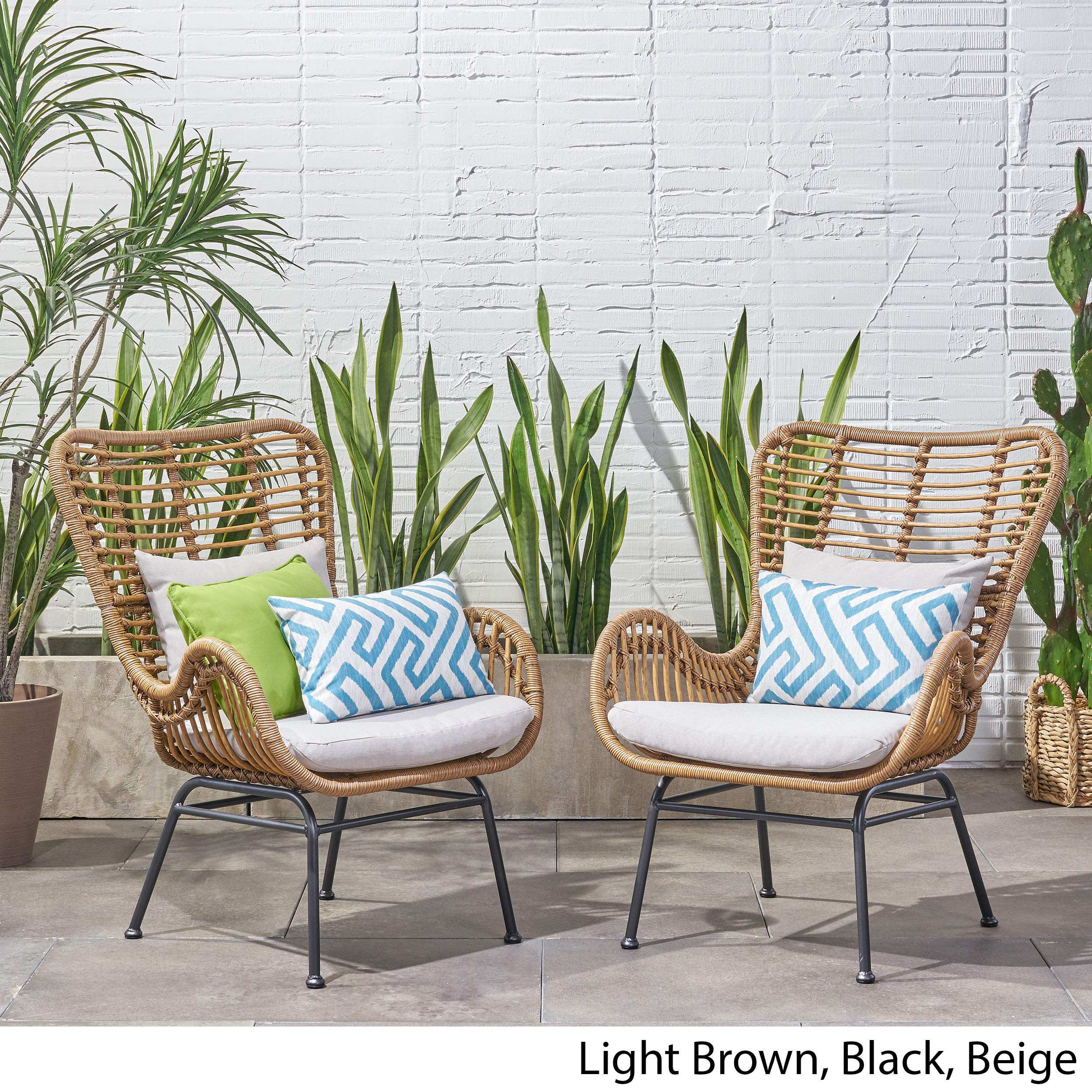 Premium Outdoor Wicker Club Chairs with Cushions (Set of 2) - Light Brown & Beige - Weather-Resistant Patio Furniture for Garden, Poolside & Backyard Relaxation