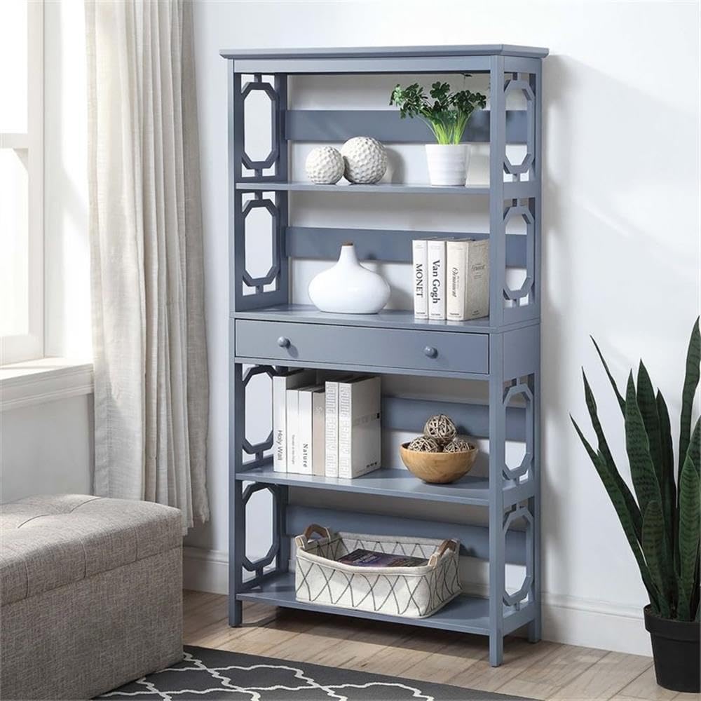 Convenience Concepts Omega 5-Tier Bookcase with Storage Drawer in Gray - Perfect for Living Room, Bedroom, or Office Organization